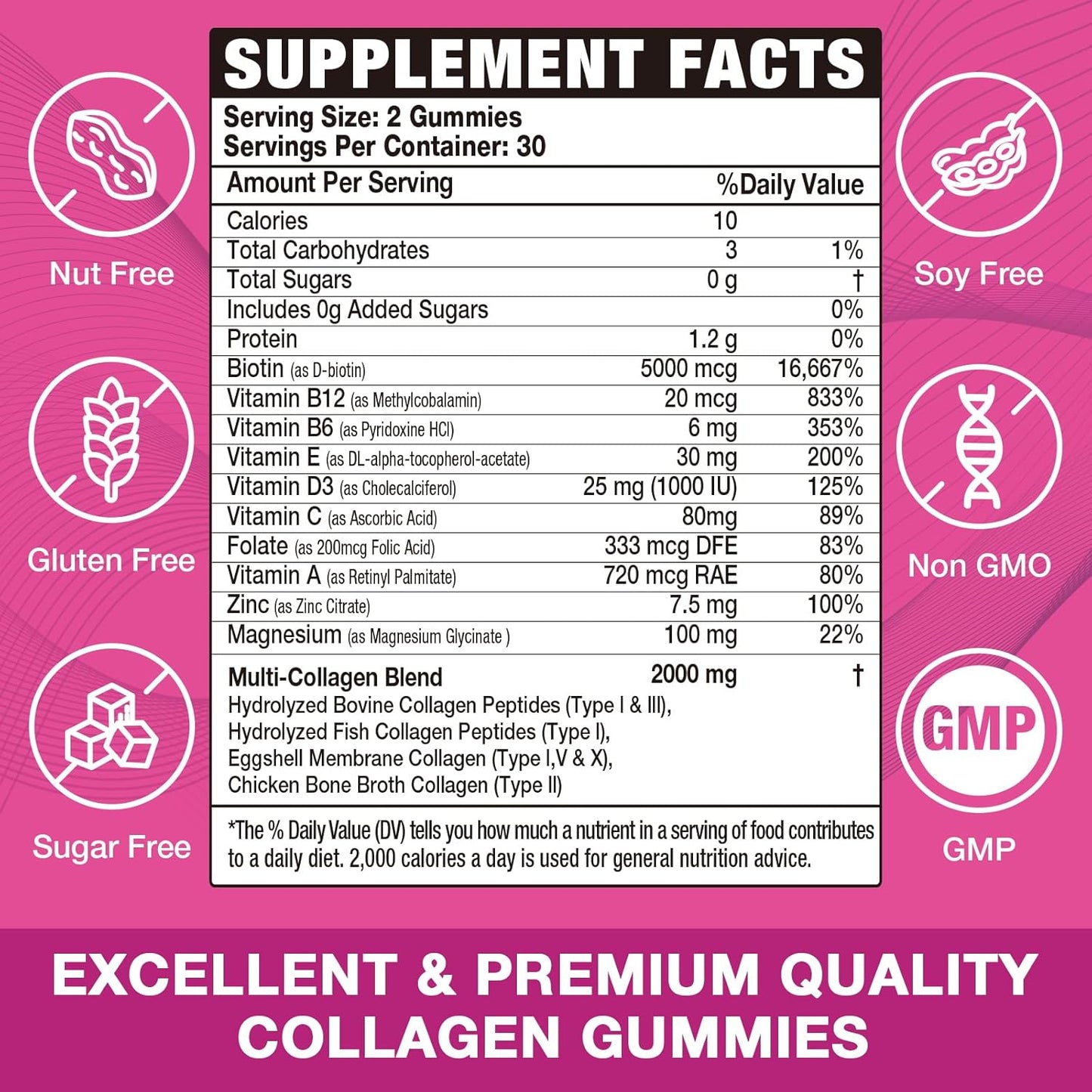 Vegan Collagen Gummies with Biotin, Vitamin C, & Zinc for Skin, Hair, Nails, & Joints - 60 Count