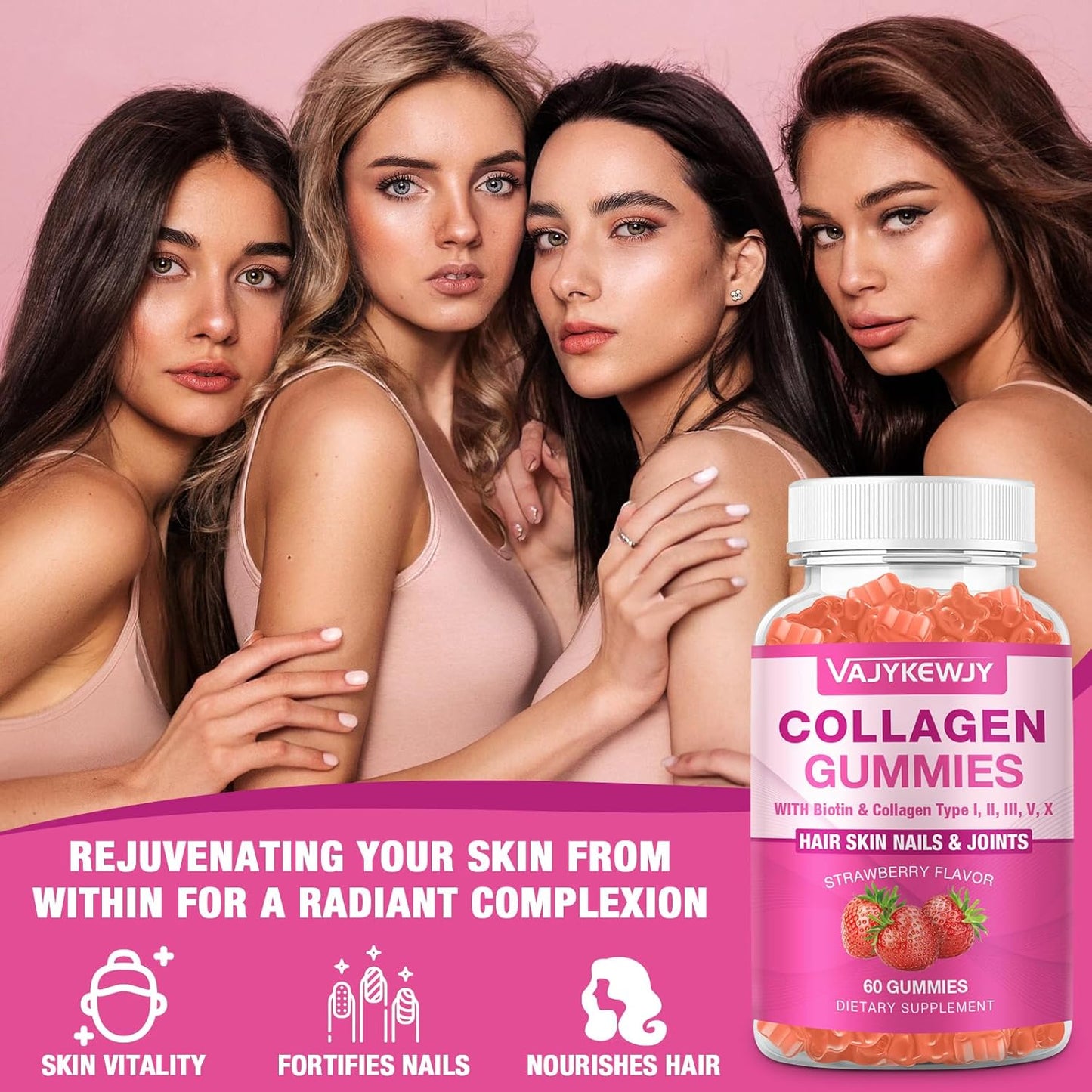 Vegan Collagen Gummies with Biotin, Vitamin C, & Zinc for Skin, Hair, Nails, & Joints - 60 Count