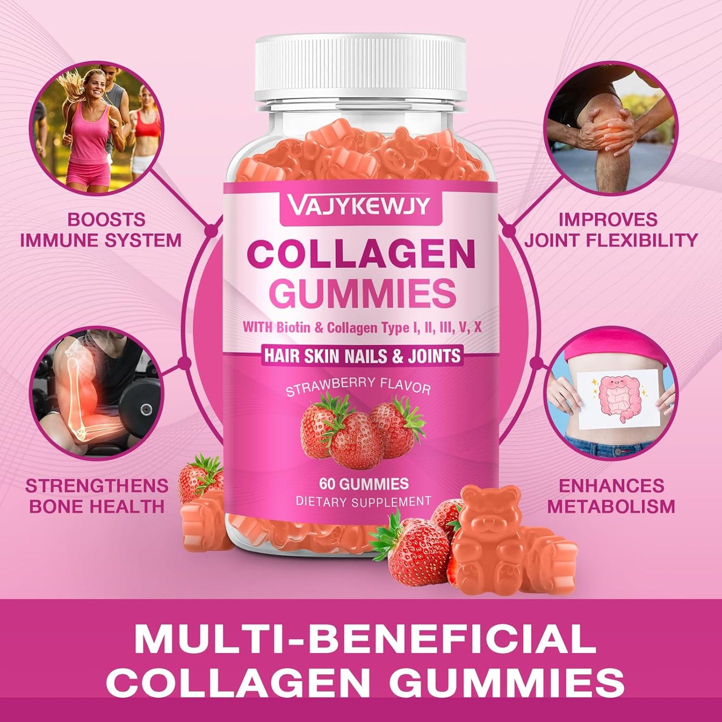 Vegan Collagen Gummies with Biotin, Vitamin C, & Zinc for Skin, Hair, Nails, & Joints - 60 Count