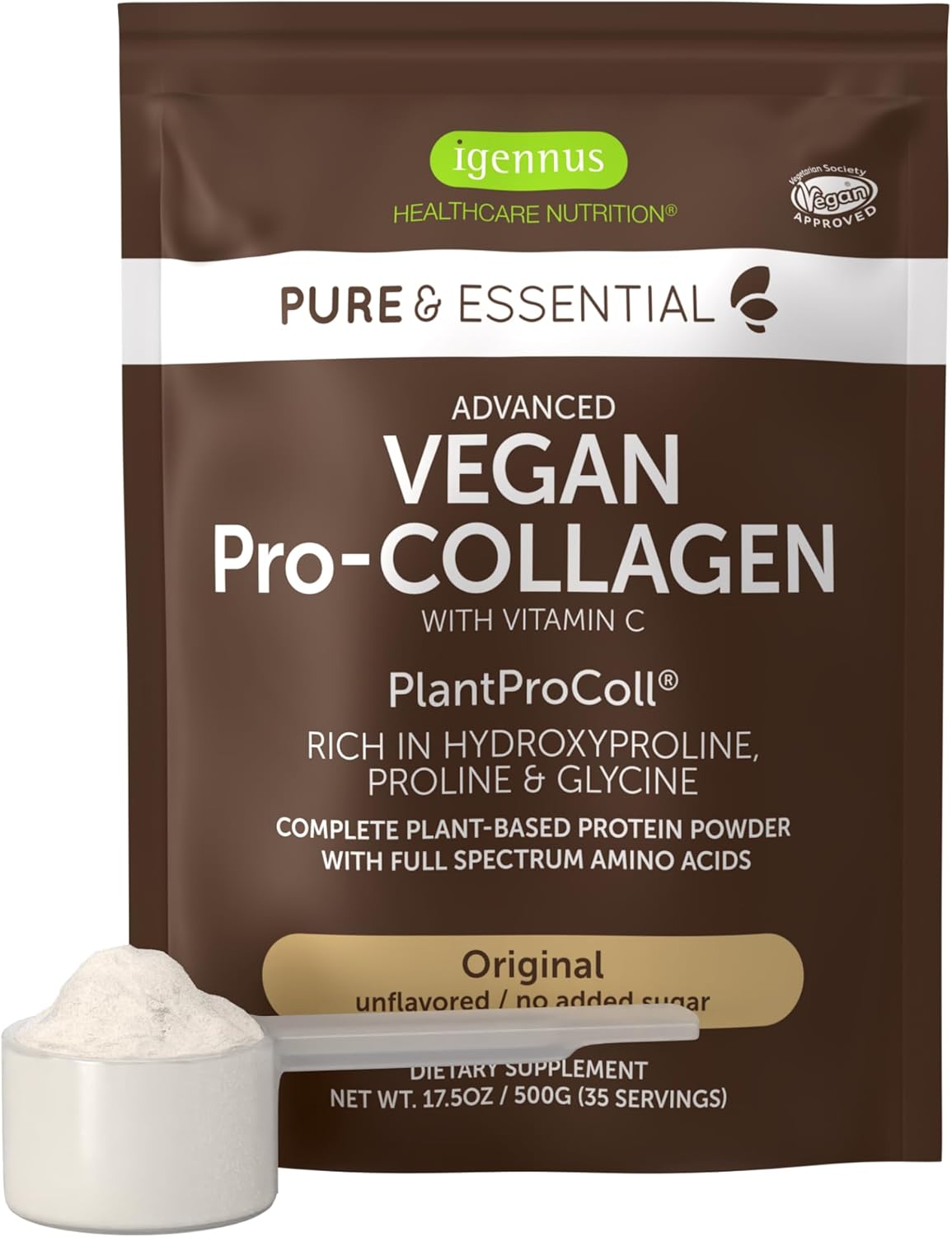 Vegan Collagen Peptide Powder with Glycine, Proline & Vitamin C - Non-GMO Plant Based Supplement for Skin & Joint Health, 35 Servings