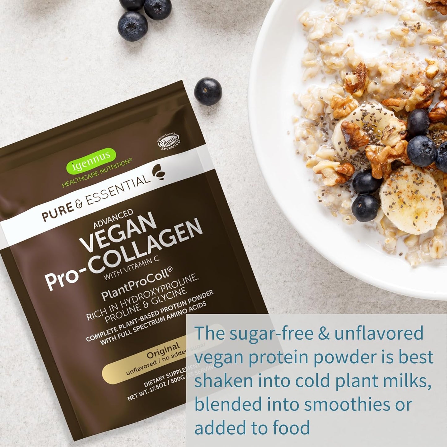 Vegan Collagen Peptide Powder with Glycine, Proline & Vitamin C - Non-GMO Plant Based Supplement for Skin & Joint Health, 35 Servings