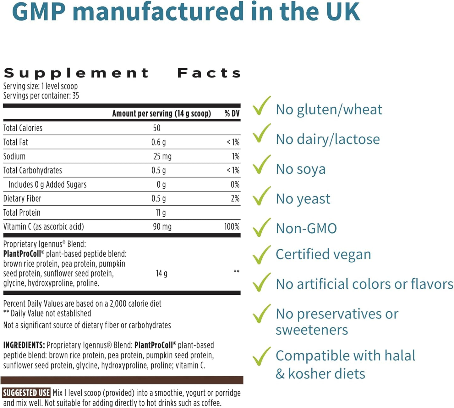 Vegan Collagen Peptide Powder with Glycine, Proline & Vitamin C - Non-GMO Plant Based Supplement for Skin & Joint Health, 35 Servings