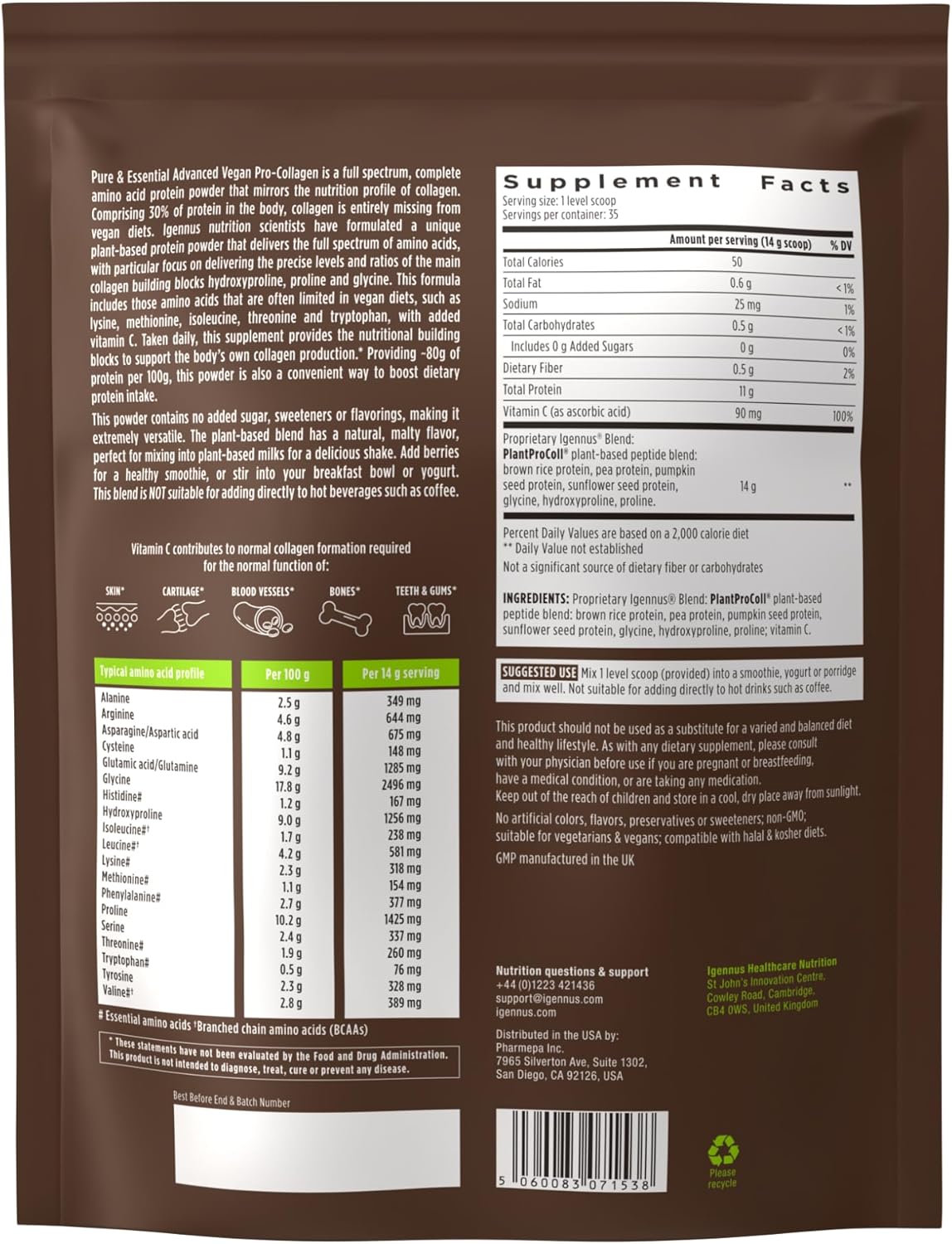 Vegan Collagen Peptide Powder with Glycine, Proline & Vitamin C - Non-GMO Plant Based Supplement for Skin & Joint Health, 35 Servings