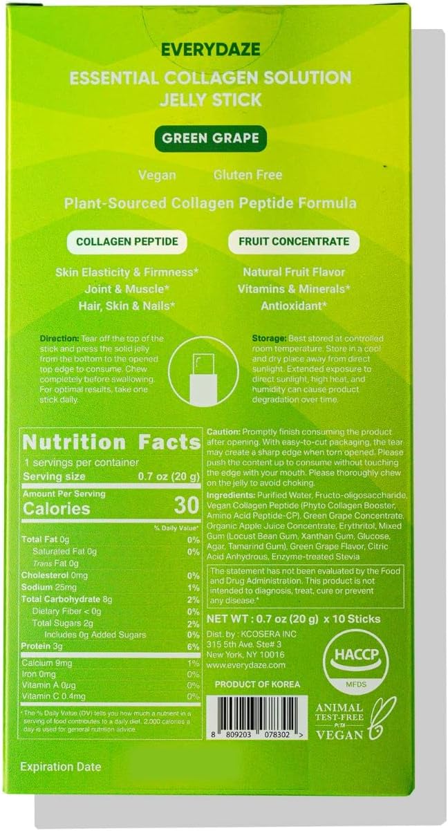Vegan Collagen Peptide Stick - Green Grape Flavor | Hair, Skin, Nails Support | Vitamins, Minerals, Antioxidants | 10 Pack