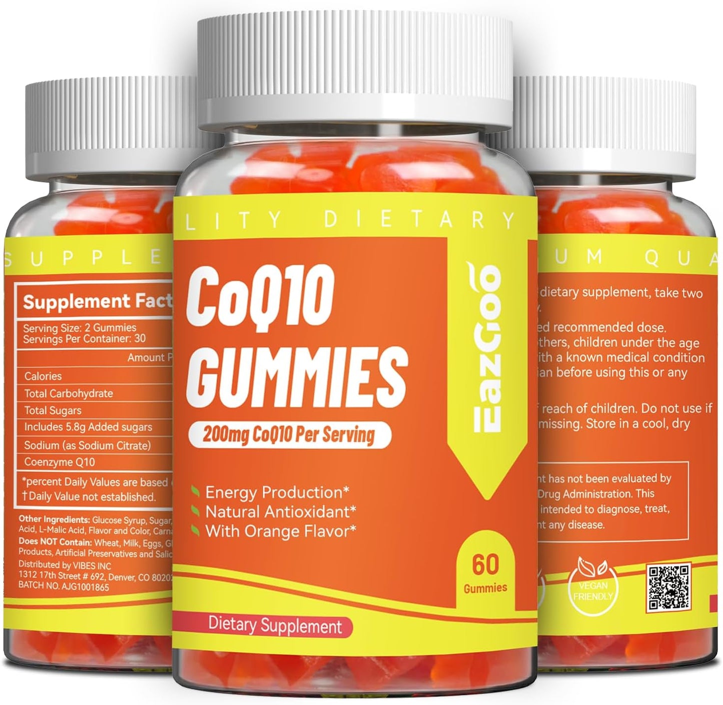 Vegan CoQ10 Gummies 200mg for Energy Production, Non-GMO & Gluten Free - 60 Gummies by EAZGOO
