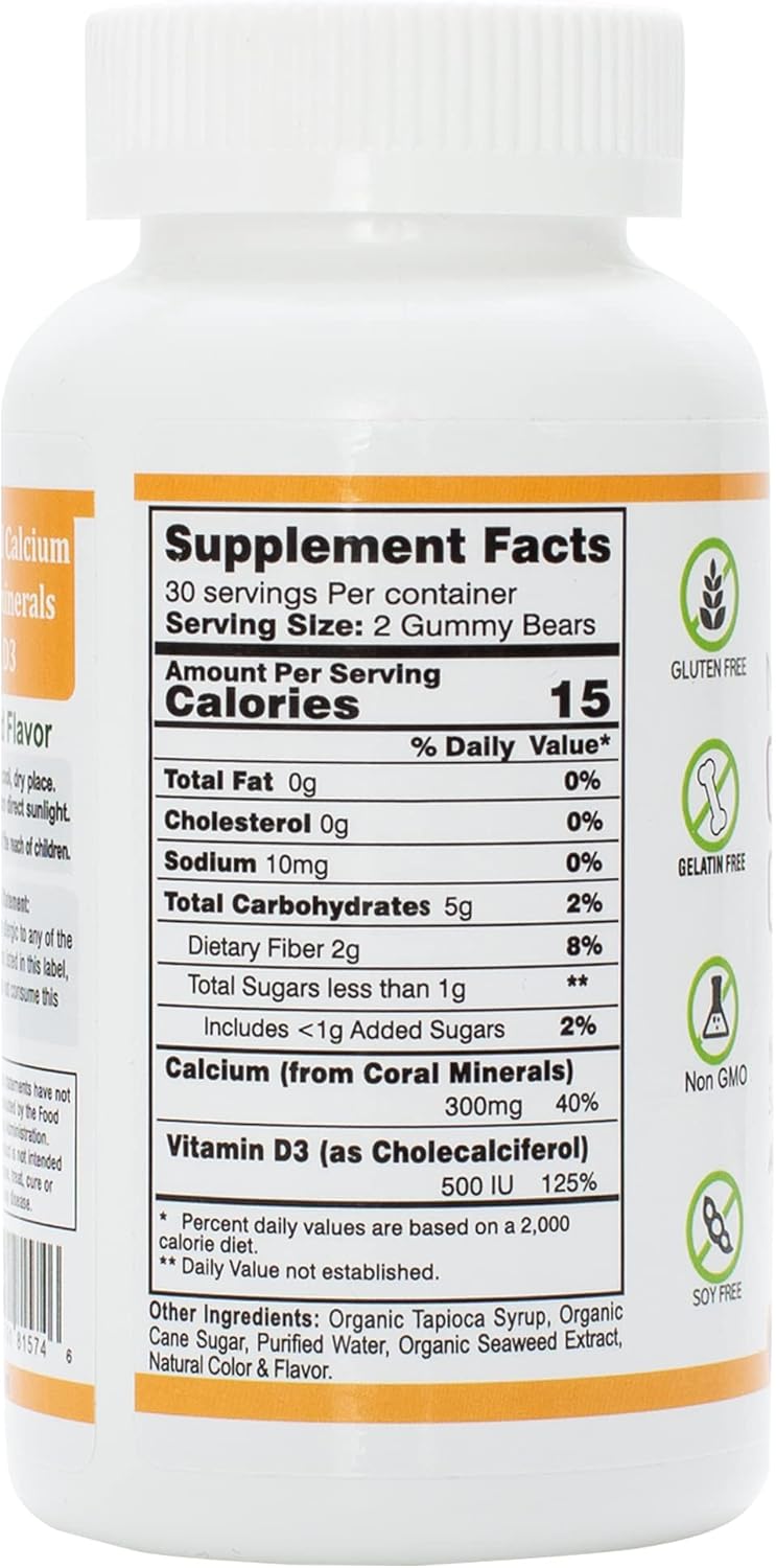 Vegan Coral Calcium Gummies with Trace Minerals - Natural Calcium & Vitamin D3, 60 Count