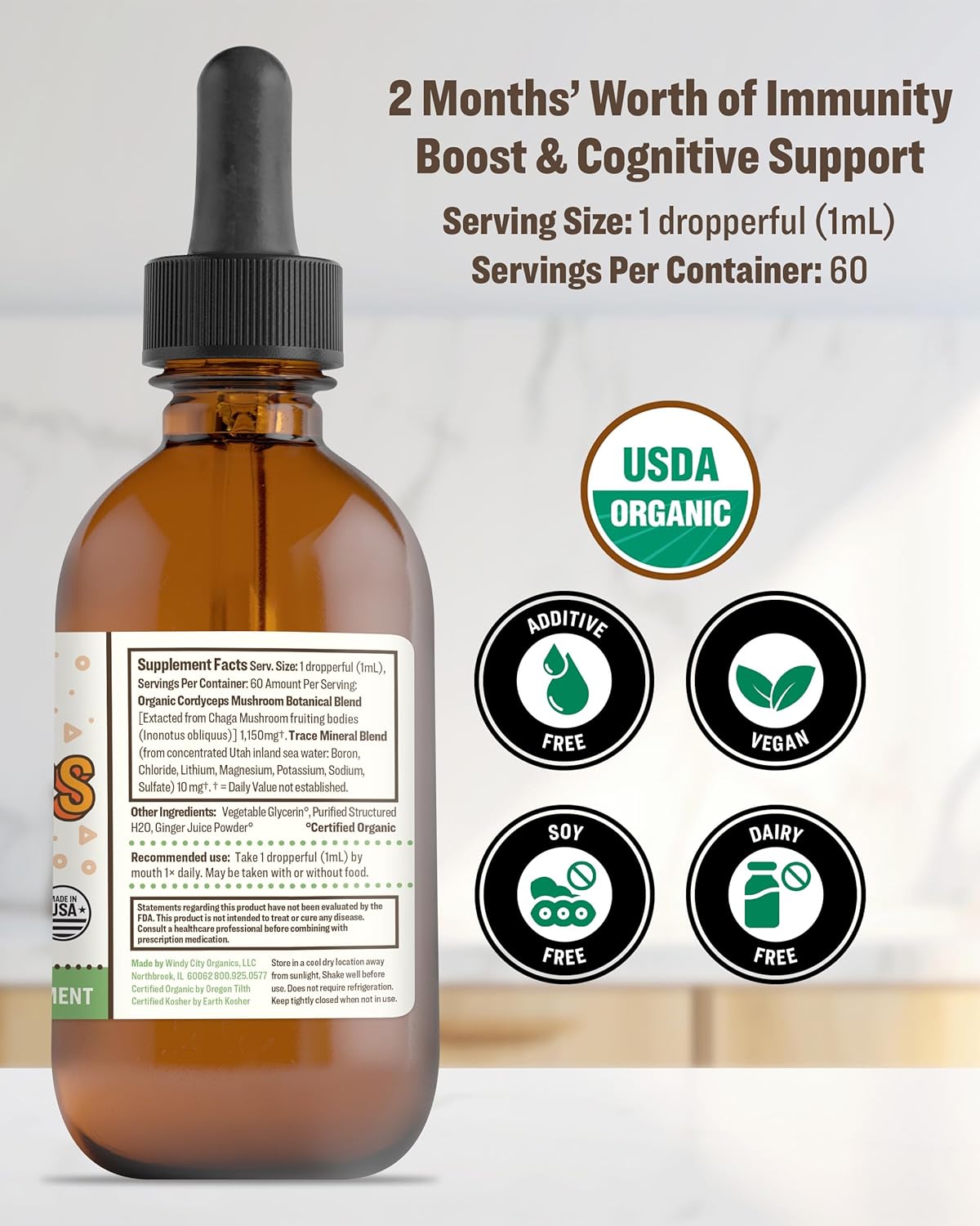 Vegan Cordyceps Mushroom Supplement - Nano-Processed Immunity & Cognitive Booster with Trace Minerals - 60 Servings of Vegan Drops - 60 ml, Pack of 1