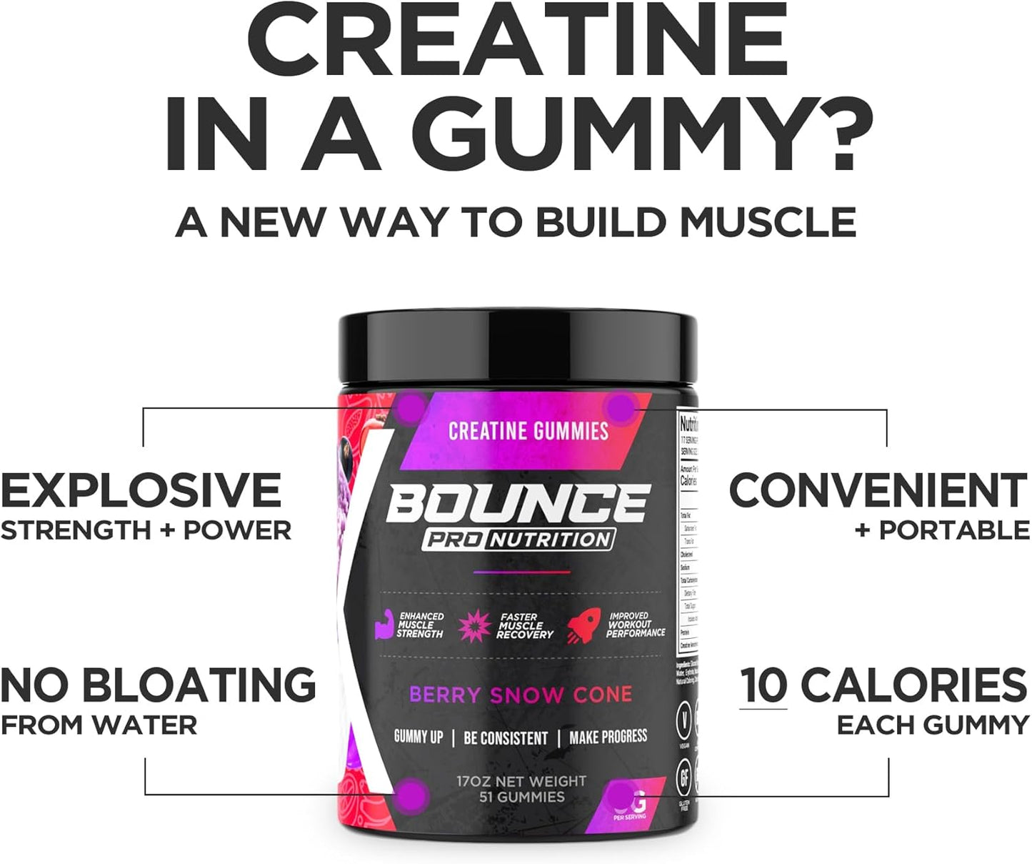 Vegan Creatine Gummies for Men & Women, Low Calorie, Gluten-Free, Non-GMO (72ct, Berry Snow Cone)