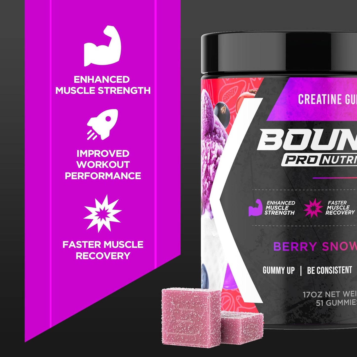 Vegan Creatine Gummies for Men & Women, Low Calorie, Gluten-Free, Non-GMO (72ct, Berry Snow Cone)