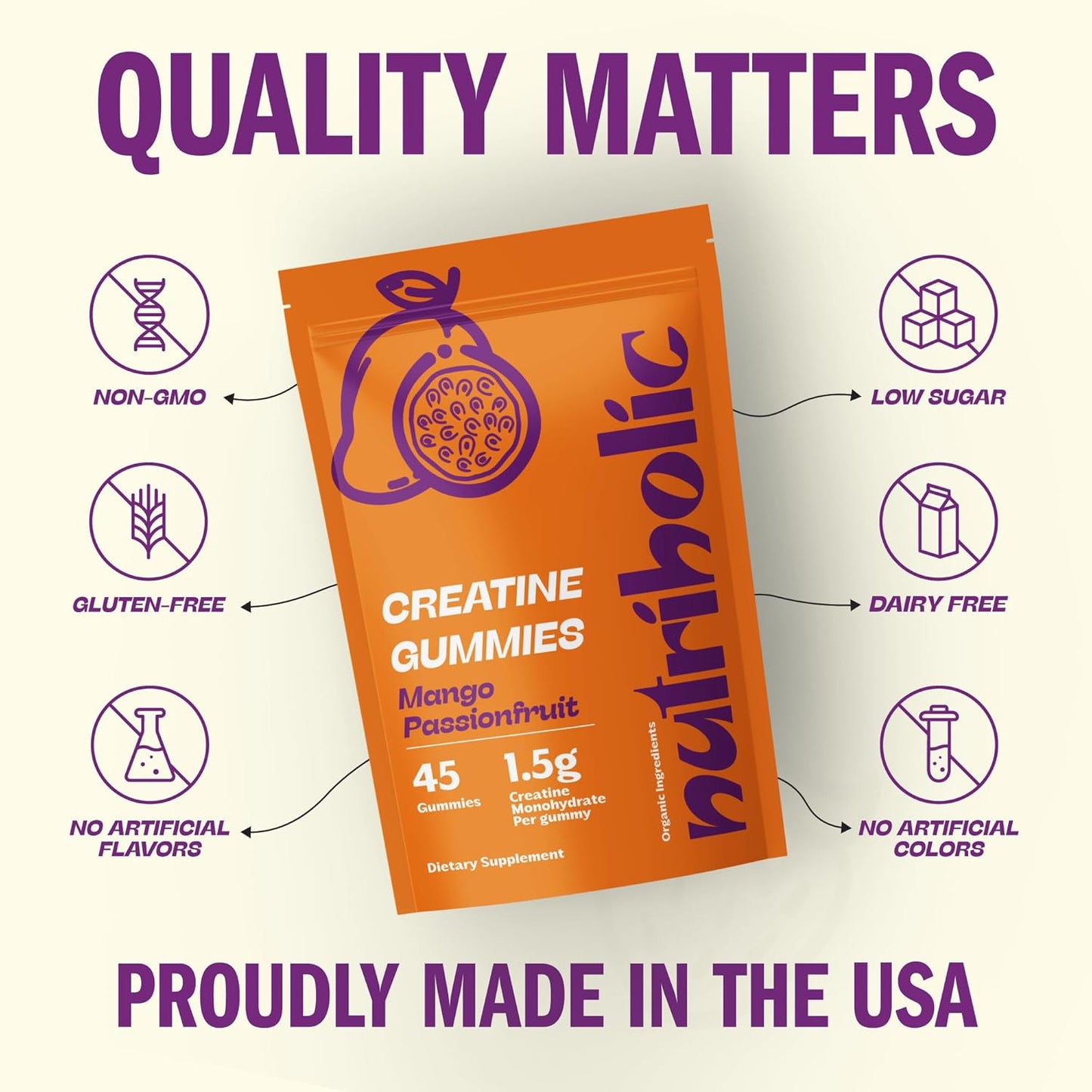 Vegan Creatine Monohydrate Gummies 45ct - Gluten-Free, Non-GMO, Easy to Digest - 1.5g Creatine per Gummy - Mango Passionfruit Flavor for Men and Women