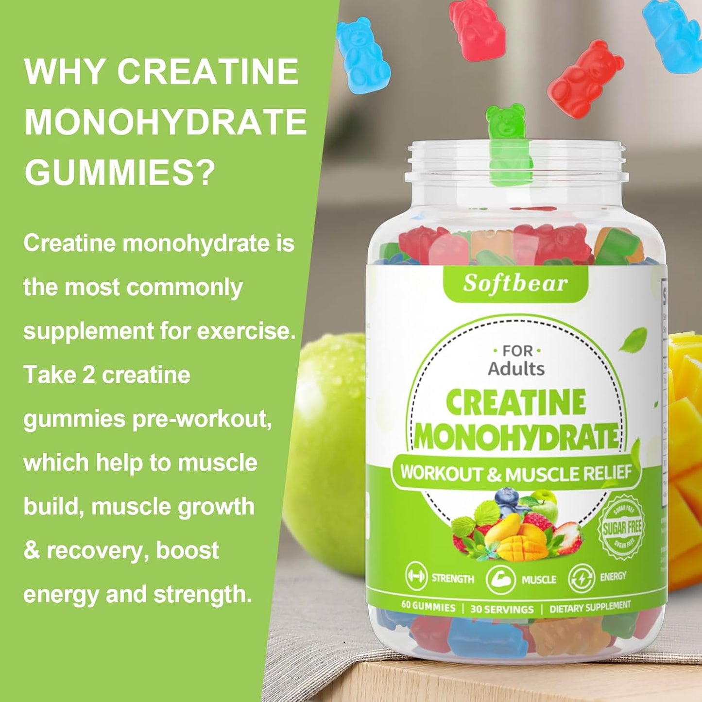 Vegan Creatine Monohydrate Gummies 5000mg for Muscle Strength - 120 Count Mixed Flavor Pre Workout Supplement for Men and Women