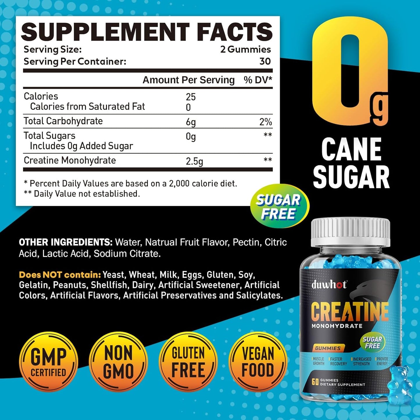 Vegan Creatine Monohydrate Gummies for Men & Women - 2500mg Per Serving - Mixed Berry Flavor - Sugar Free - Non-GMO - 60 Count