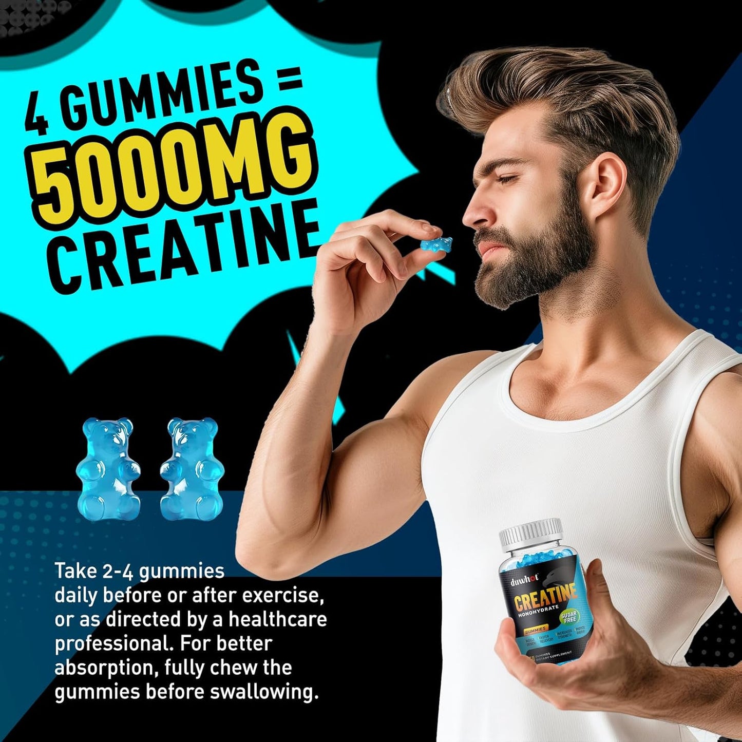 Vegan Creatine Monohydrate Gummies for Men & Women - 2500mg Per Serving - Mixed Berry Flavor - Sugar Free - Non-GMO - 60 Count
