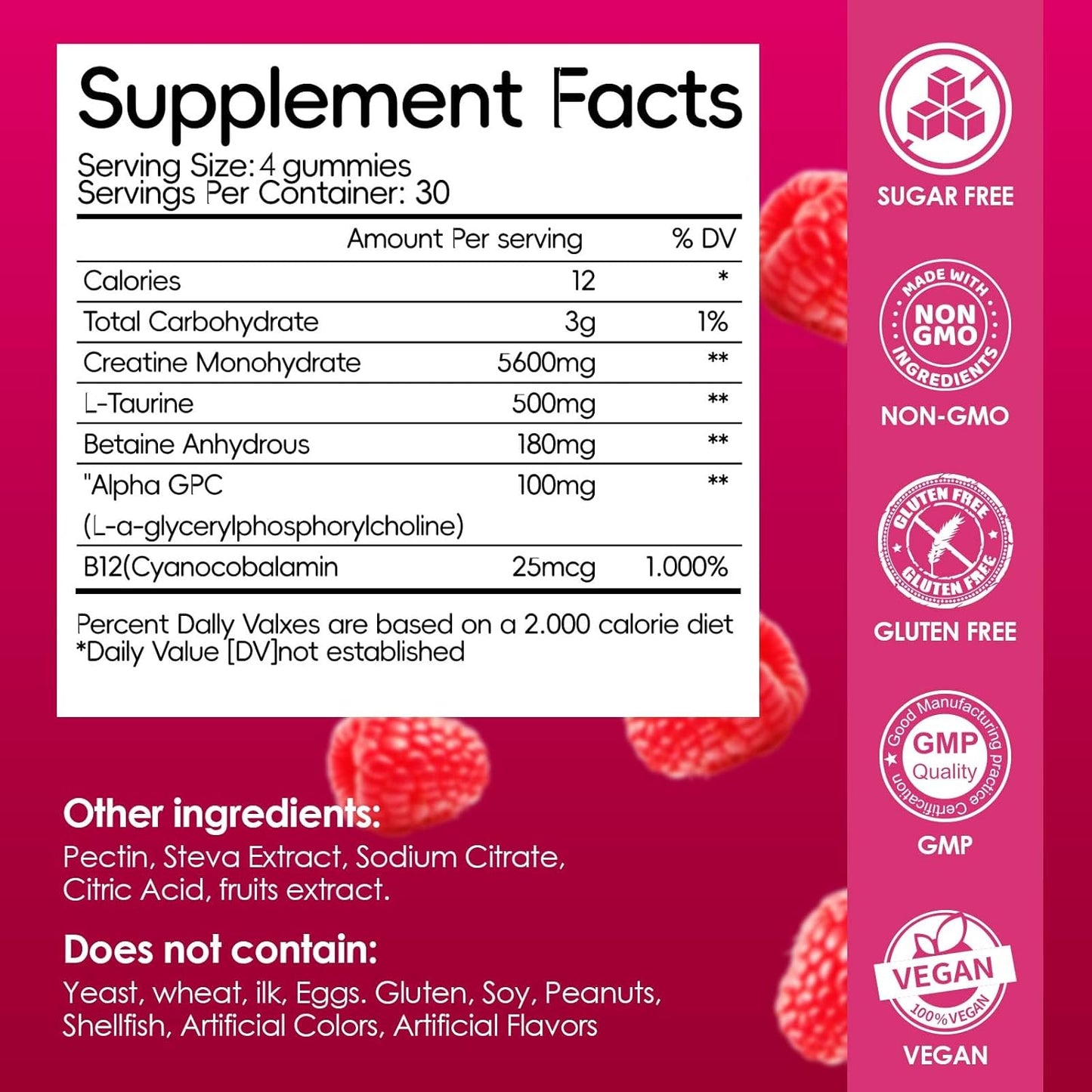 Vegan Creatine Monohydrate Gummies for Muscle Strength - 120 CT Raspberry Flavor - Sugar Free - 5600mg per Serving for Men & Women