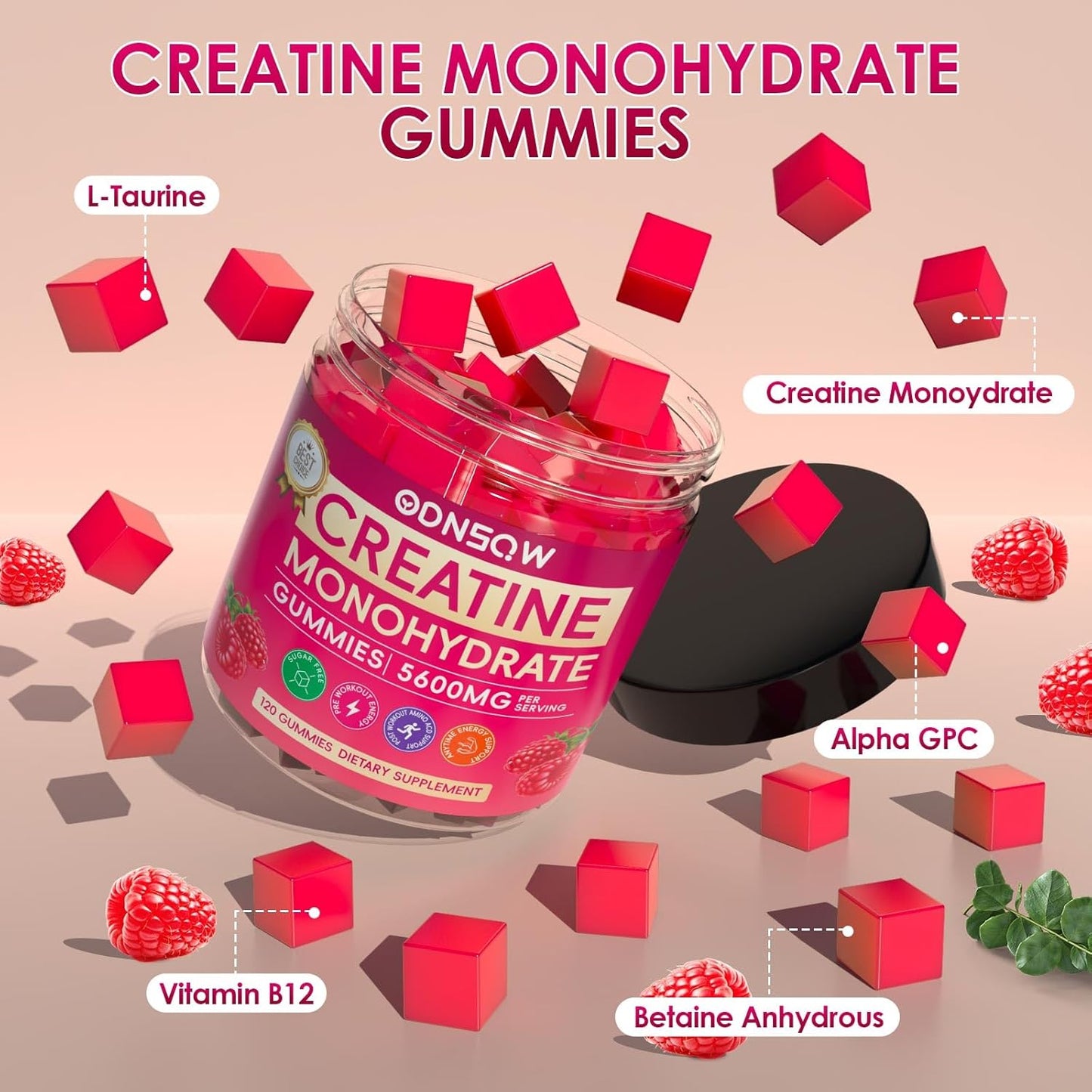 Vegan Creatine Monohydrate Gummies for Muscle Strength - 120 CT Raspberry Flavor - Sugar Free - 5600mg per Serving for Men & Women
