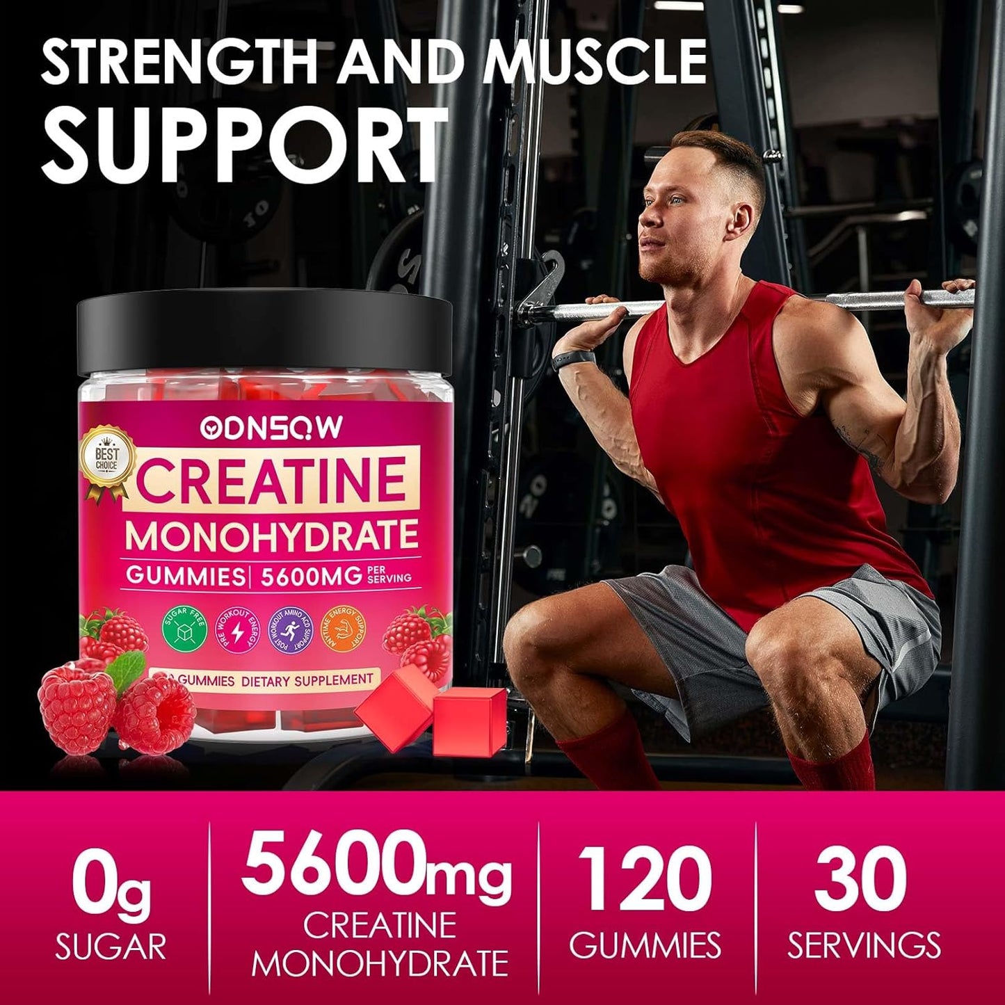 Vegan Creatine Monohydrate Gummies for Muscle Strength - 120 CT Raspberry Flavor - Sugar Free - 5600mg per Serving for Men & Women