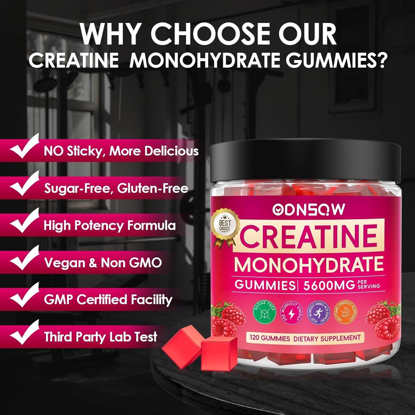Vegan Creatine Monohydrate Gummies for Muscle Strength - 120 CT Raspberry Flavor - Sugar Free - 5600mg per Serving for Men & Women