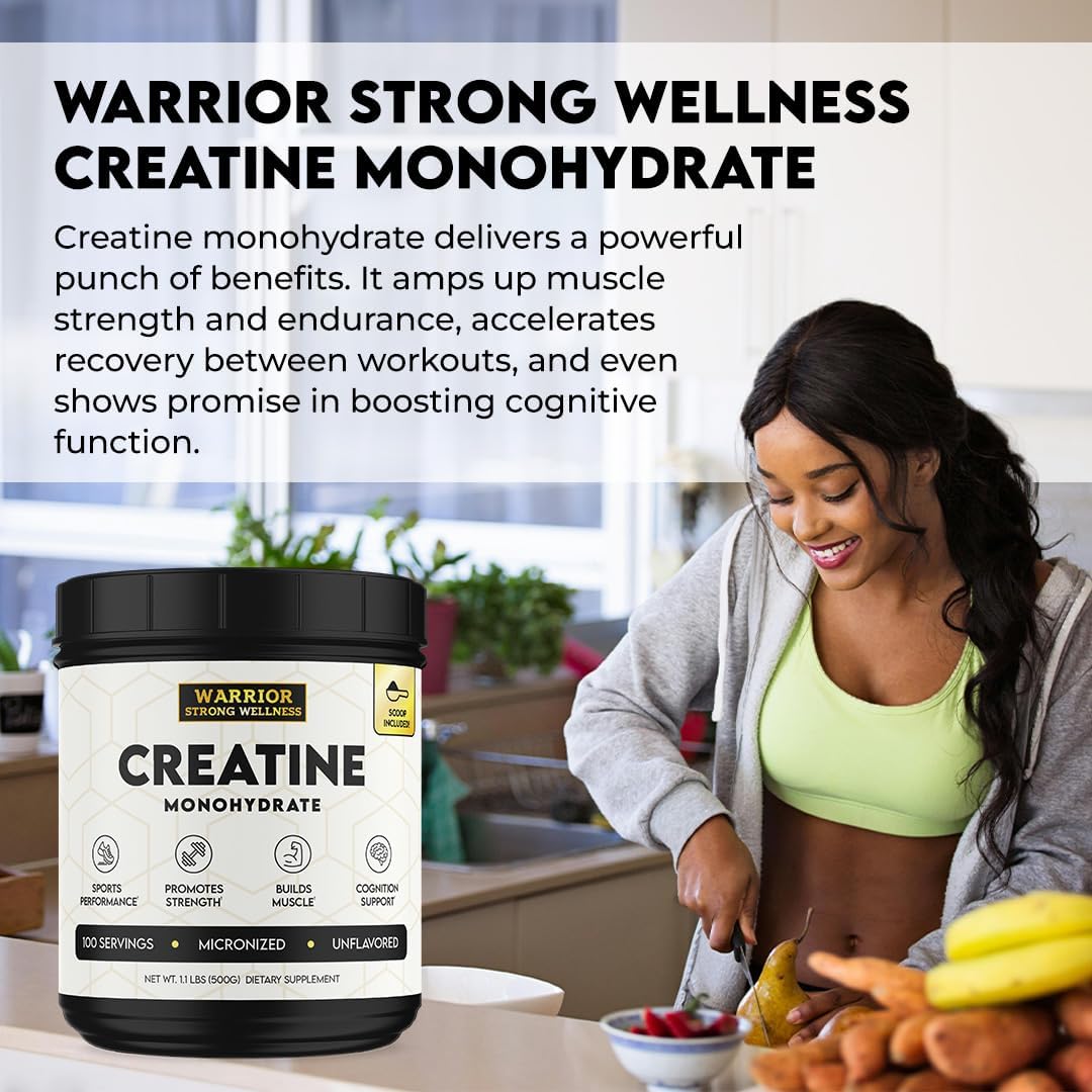Vegan Creatine Monohydrate Powder - Warrior Strong Wellness, 1lb, Unflavored Micronized, 100 Servings, Supports Muscles & Energy