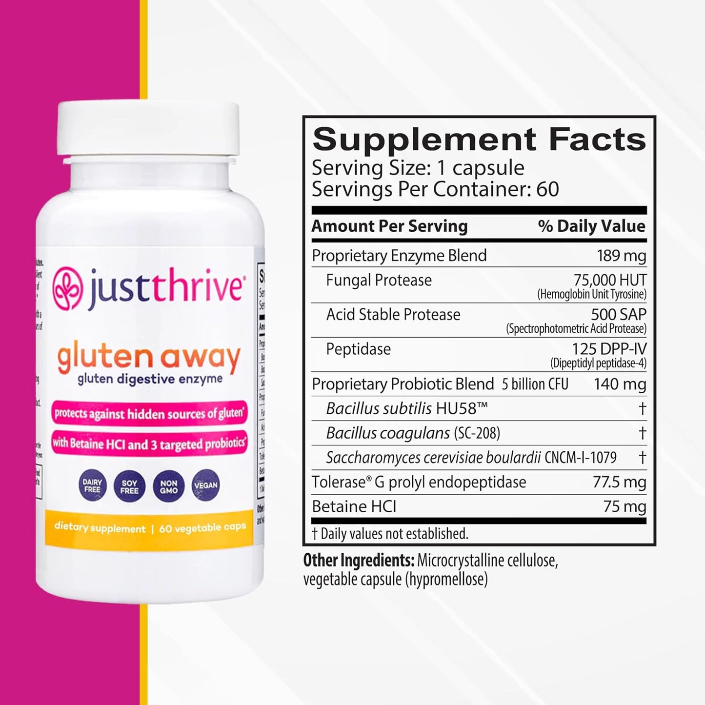 Vegan Digestive Enzymes with Probiotic Support - Just Thrive Gluten Away Supplement, 60 Capsules