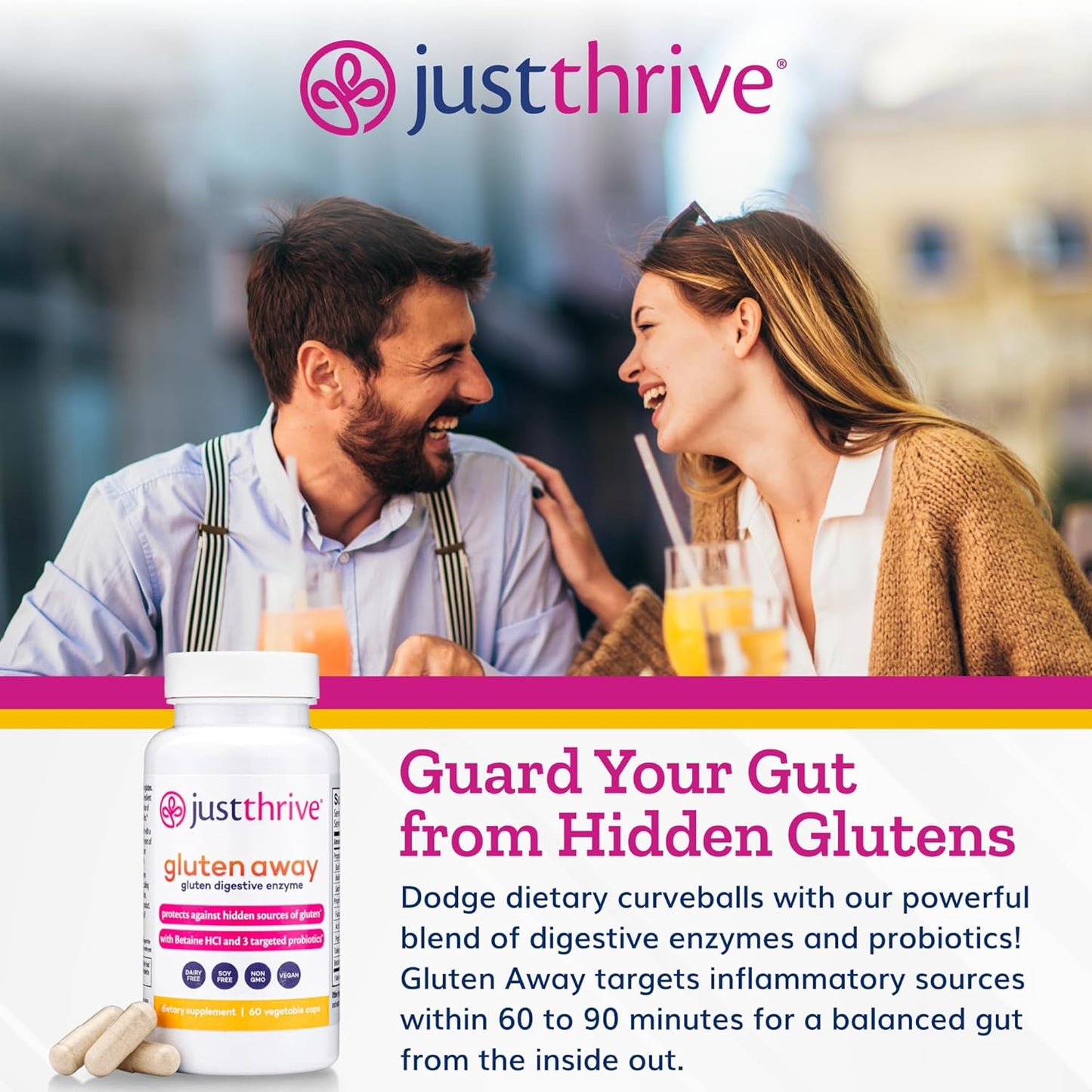Vegan Digestive Enzymes with Probiotic Support - Just Thrive Gluten Away Supplement, 60 Capsules