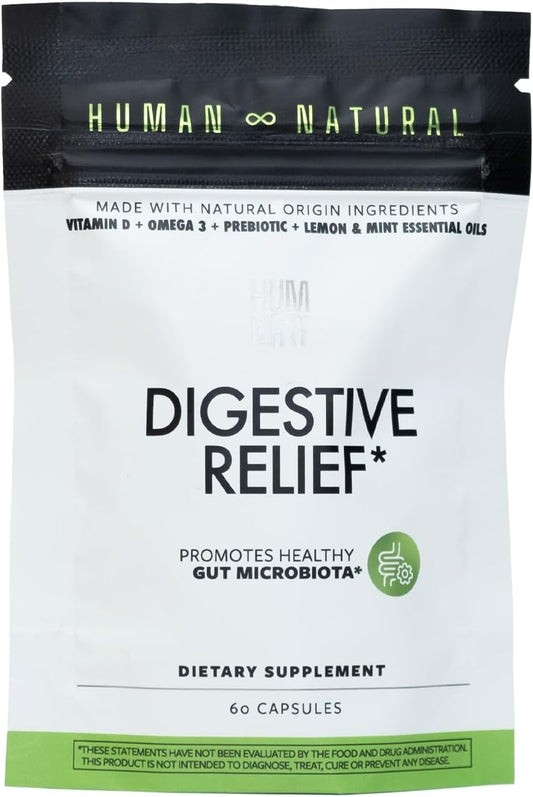 Vegan Digestive Relief Capsules with Vitamin D, Omega-3, HMO, Chia Oil, Lemon & Peppermint Oils - Bloating & Gut Health Support