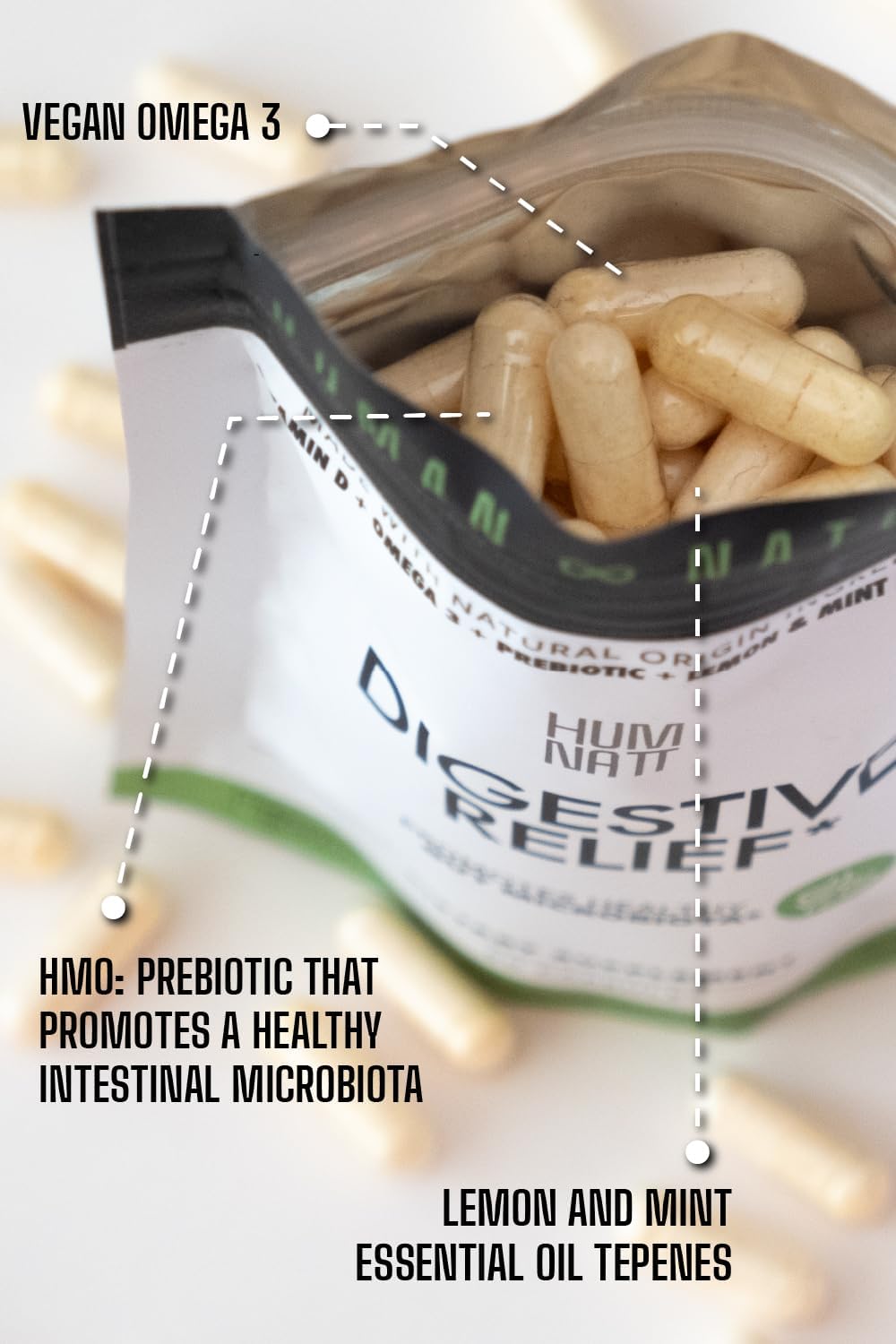 Vegan Digestive Relief Capsules with Vitamin D, Omega-3, HMO, Chia Oil, Lemon & Peppermint Oils - Bloating & Gut Health Support