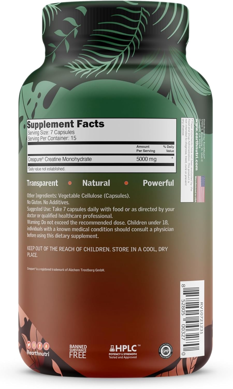 Vegan Earth Nutri Creatine Capsules with Creapure® German Made Creatine - 5000mg per Serving - 105 Capsules