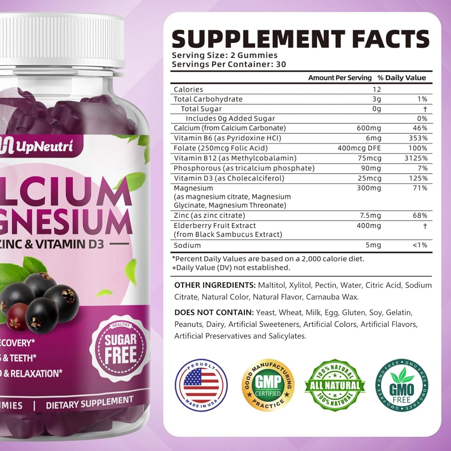 Vegan Elderberry Flavor Calcium Magnesium Zinc Gummies with Vitamin D3 - 60 Count, High Absorption Sugar-Free Supplement for Bone, Muscle, and Immune Health for Women and Men