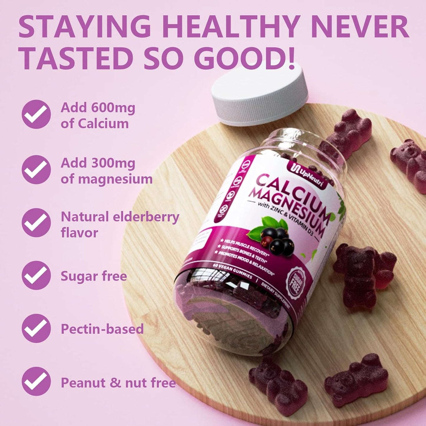 Vegan Elderberry Flavor Calcium Magnesium Zinc Gummies with Vitamin D3 - 60 Count, High Absorption Sugar-Free Supplement for Bone, Muscle, and Immune Health for Women and Men