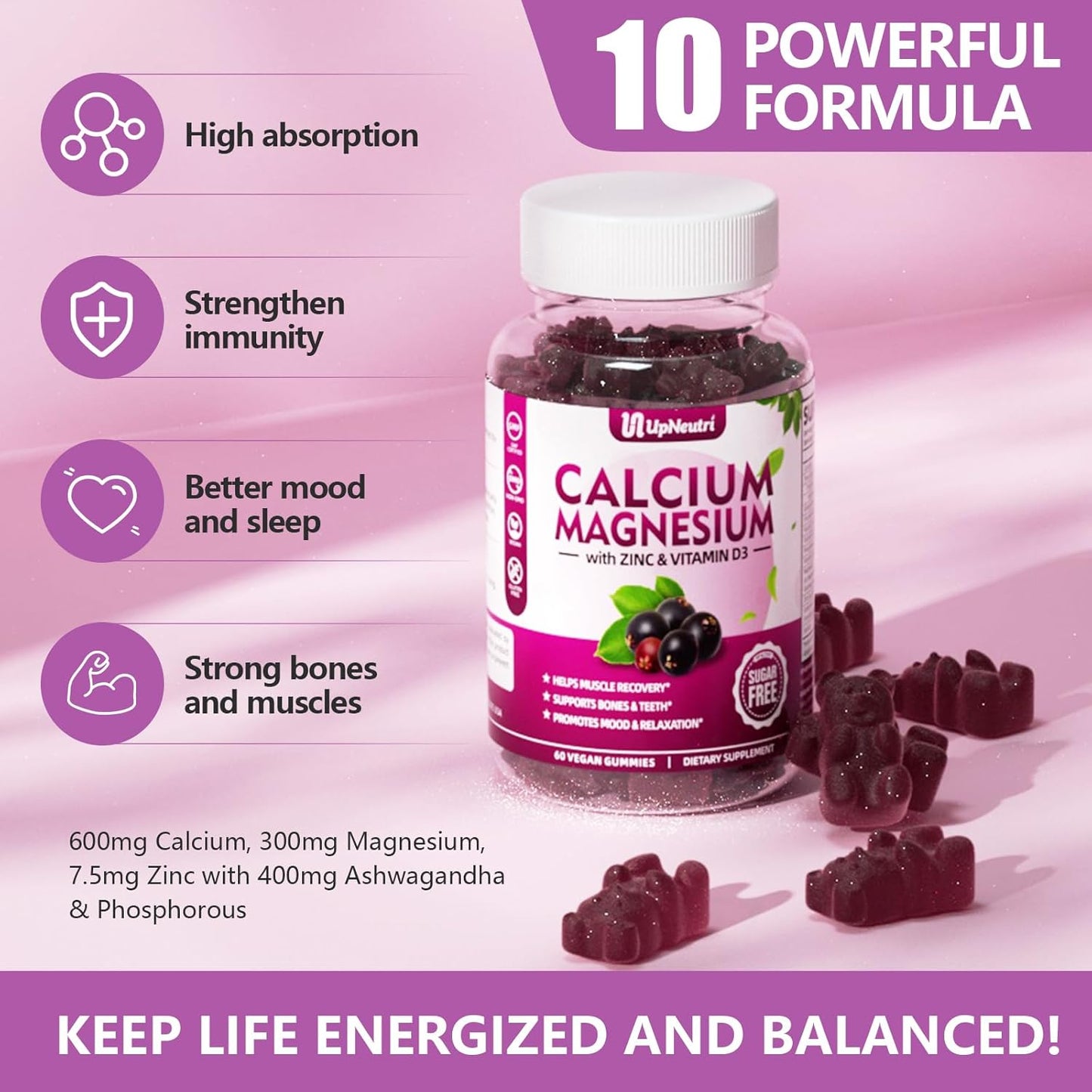 Vegan Elderberry Flavor Calcium Magnesium Zinc Gummies with Vitamin D3 - 60 Count, High Absorption Sugar-Free Supplement for Bone, Muscle, and Immune Health for Women and Men