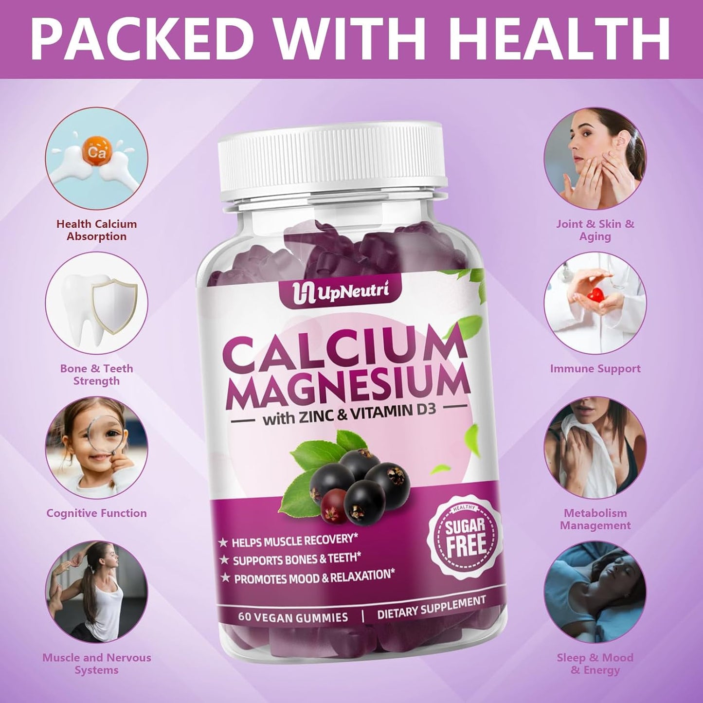Vegan Elderberry Flavor Calcium Magnesium Zinc Gummies with Vitamin D3 - 60 Count, High Absorption Sugar-Free Supplement for Bone, Muscle, and Immune Health for Women and Men