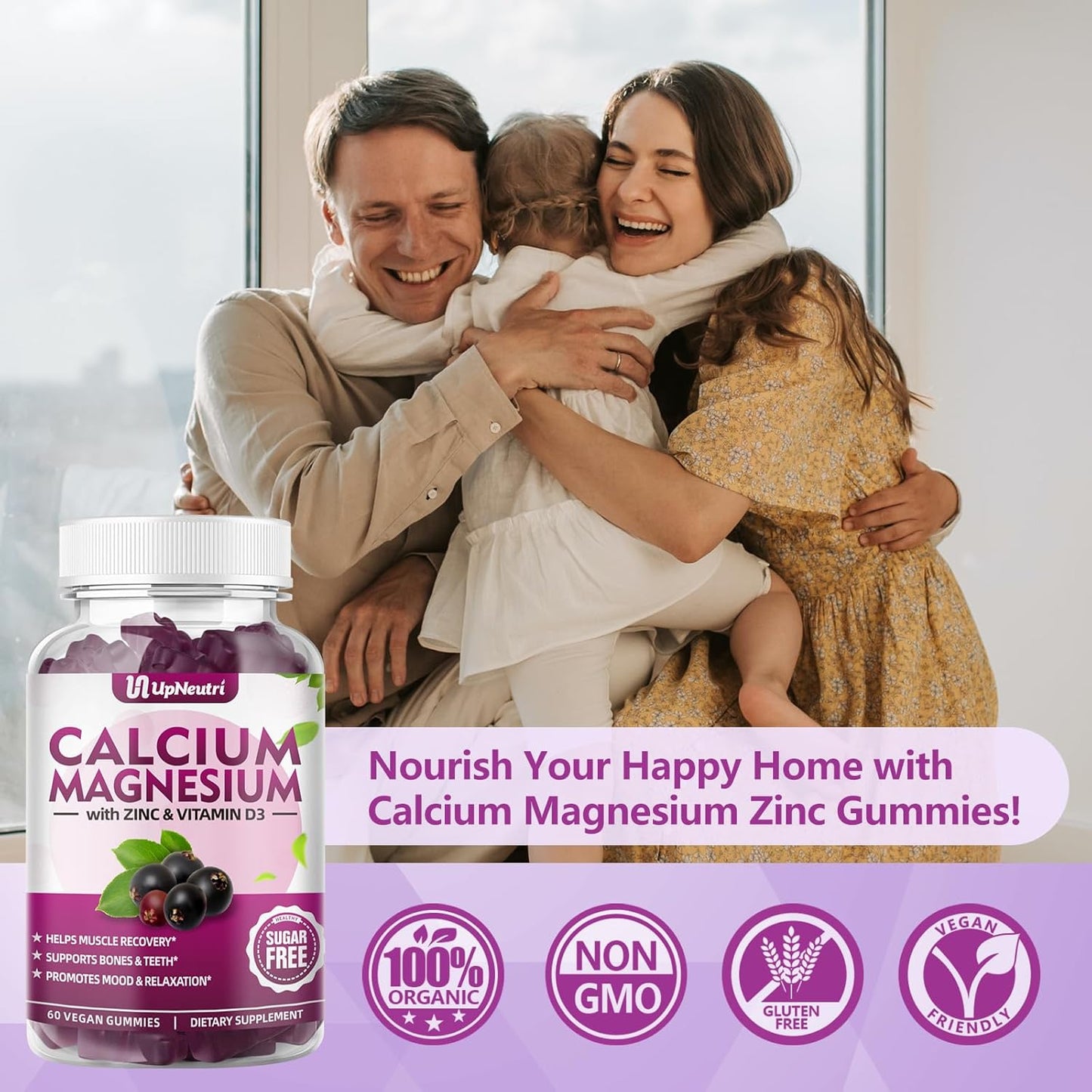 Vegan Elderberry Flavor Calcium Magnesium Zinc Gummies with Vitamin D3 - 60 Count, High Absorption Sugar-Free Supplement for Bone, Muscle, and Immune Health for Women and Men