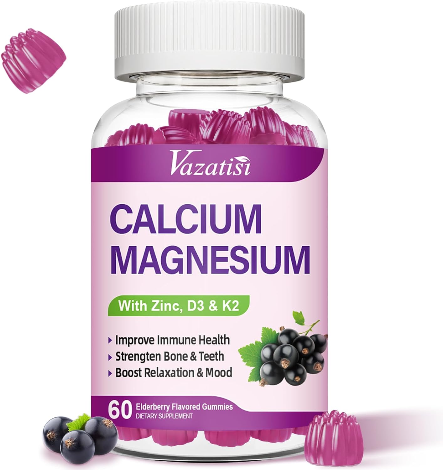 Vegan Elderberry Flavored Calcium Magnesium Zinc Gummies with Vitamin D3 and K2 - 60 Gummies for Immune Support, Bone Health, and Muscle Function