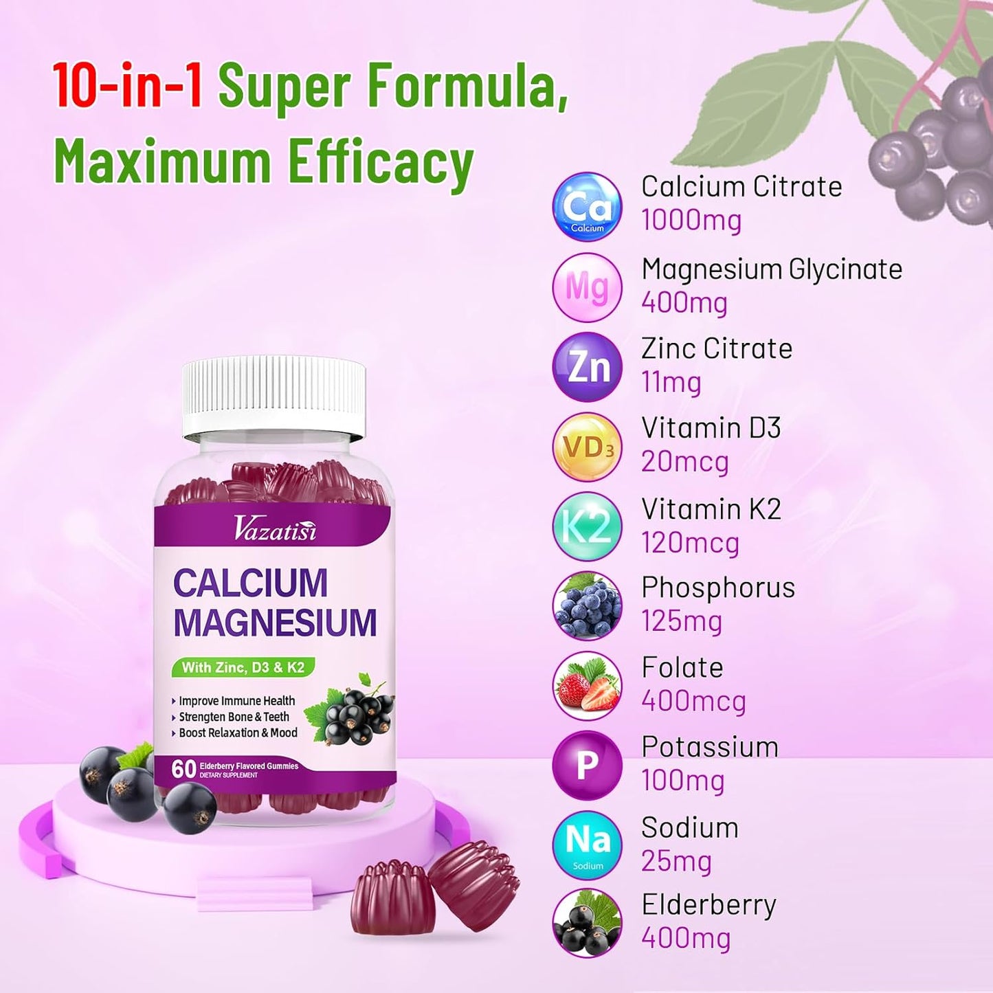 Vegan Elderberry Flavored Calcium Magnesium Zinc Gummies with Vitamin D3 and K2 - 60 Gummies for Immune Support, Bone Health, and Muscle Function