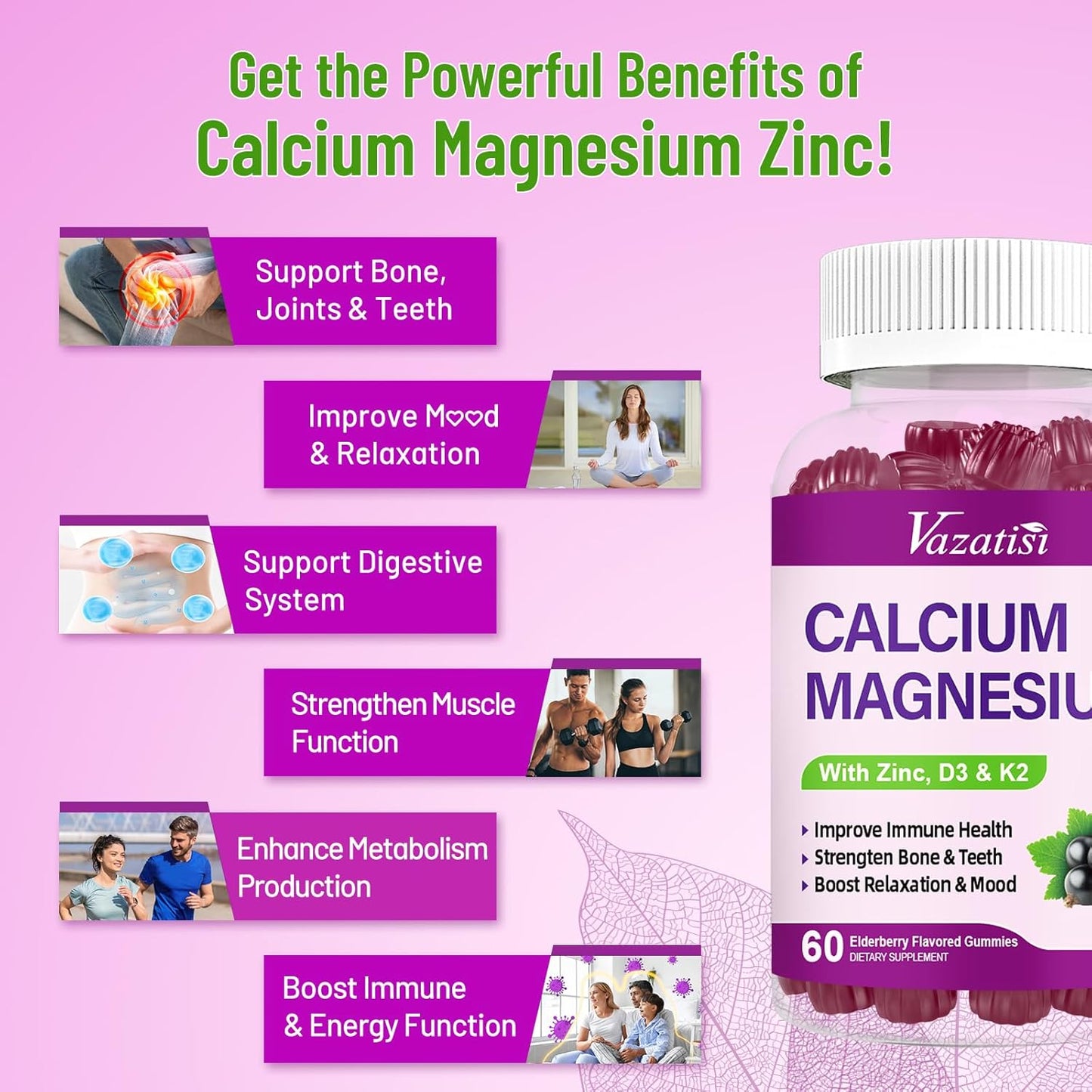 Vegan Elderberry Flavored Calcium Magnesium Zinc Gummies with Vitamin D3 and K2 - 60 Gummies for Immune Support, Bone Health, and Muscle Function