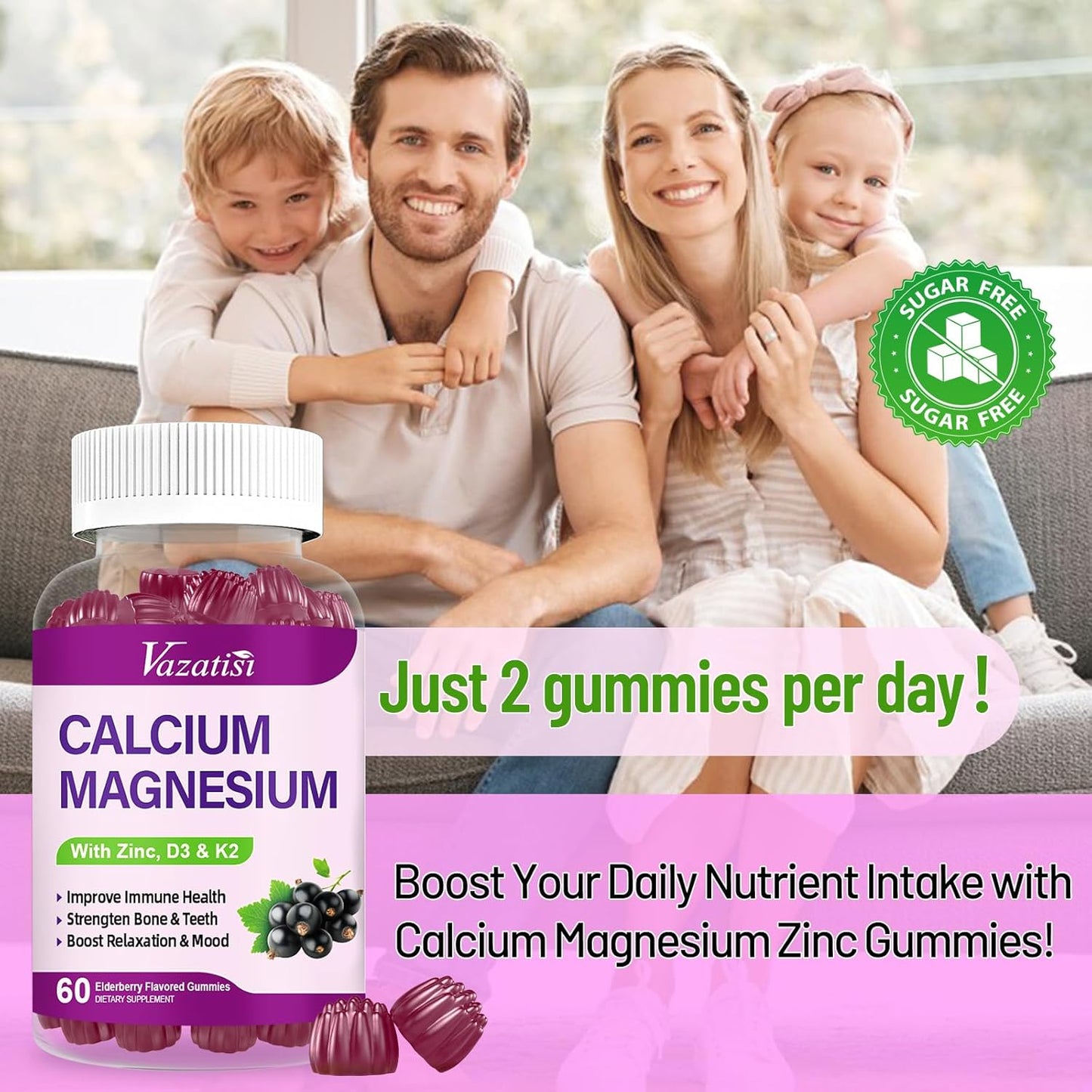Vegan Elderberry Flavored Calcium Magnesium Zinc Gummies with Vitamin D3 and K2 - 60 Gummies for Immune Support, Bone Health, and Muscle Function