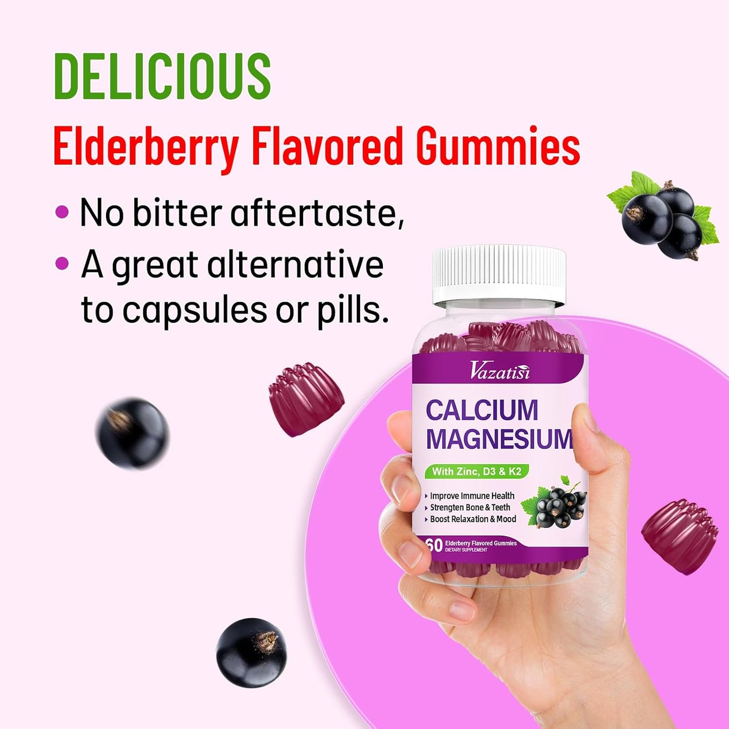 Vegan Elderberry Flavored Calcium Magnesium Zinc Gummies with Vitamin D3 and K2 - 60 Gummies for Immune Support, Bone Health, and Muscle Function