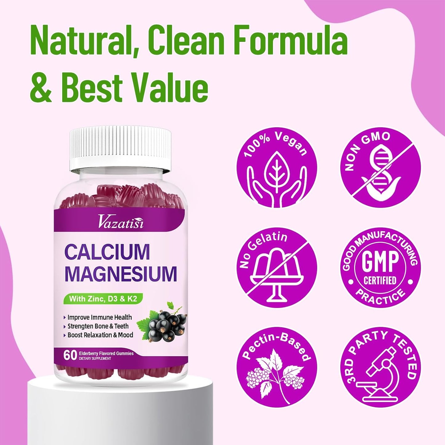 Vegan Elderberry Flavored Calcium Magnesium Zinc Gummies with Vitamin D3 and K2 - 60 Gummies for Immune Support, Bone Health, and Muscle Function
