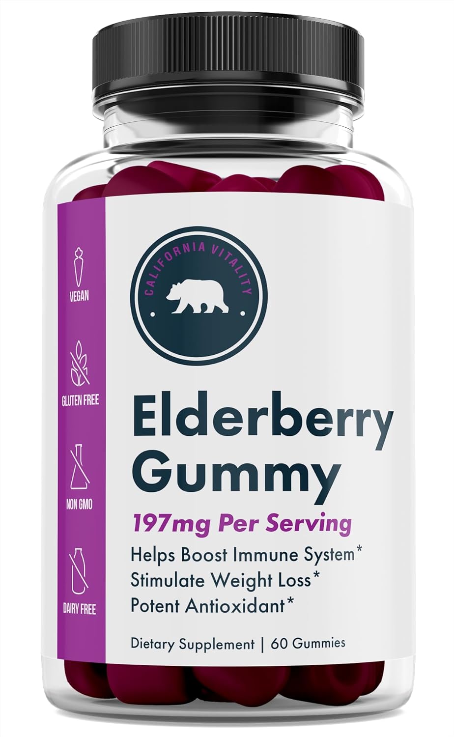 Vegan Elderberry Gummies with Vitamin C and Zinc - Made in USA, Non-GMO, Gluten-Free - 60 Gummies, 197mg Per Serving