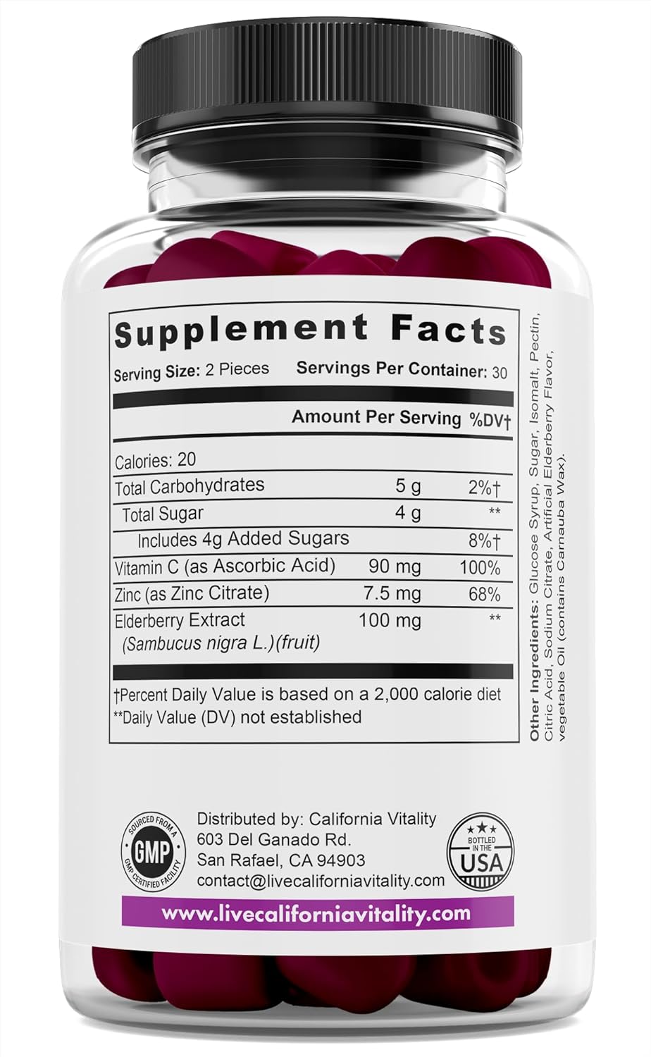 Vegan Elderberry Gummies with Vitamin C and Zinc - Made in USA, Non-GMO, Gluten-Free - 60 Gummies, 197mg Per Serving