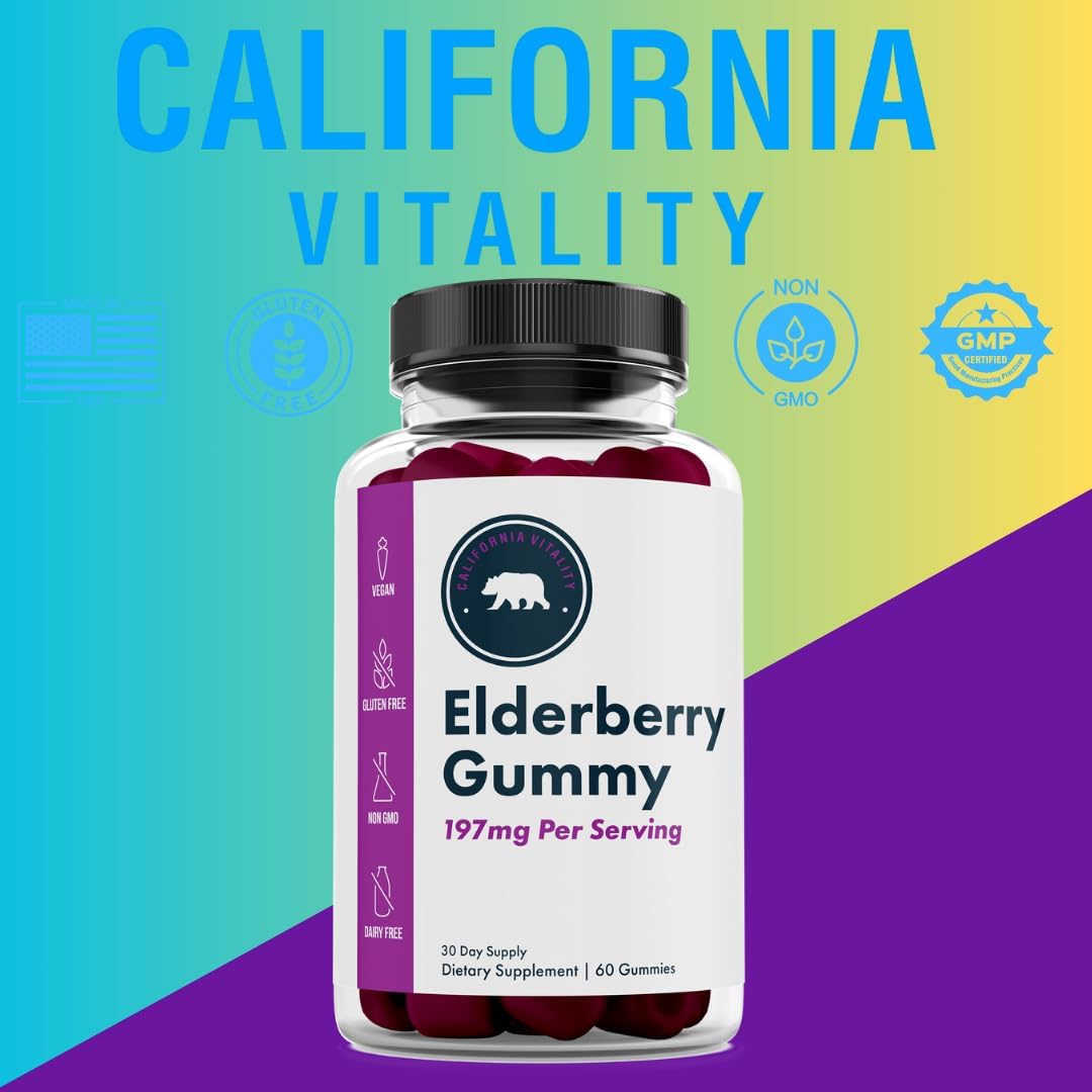 Vegan Elderberry Gummies with Vitamin C and Zinc - Made in USA, Non-GMO, Gluten-Free - 60 Gummies, 197mg Per Serving