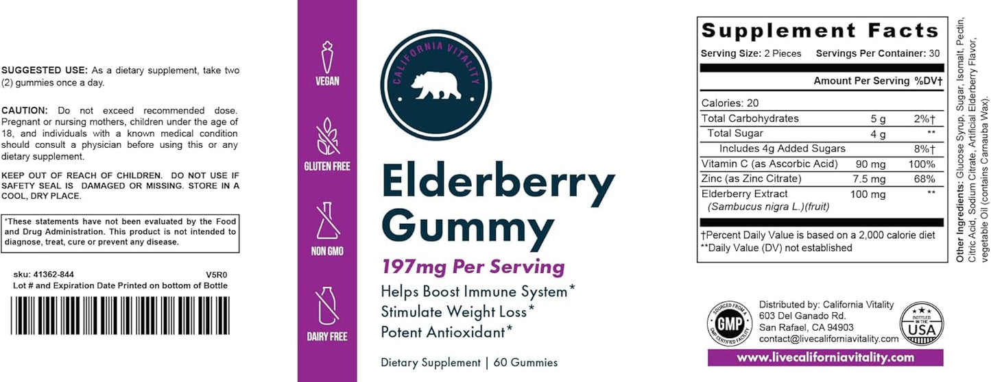 Vegan Elderberry Gummies with Vitamin C and Zinc - Made in USA, Non-GMO, Gluten-Free - 60 Gummies, 197mg Per Serving