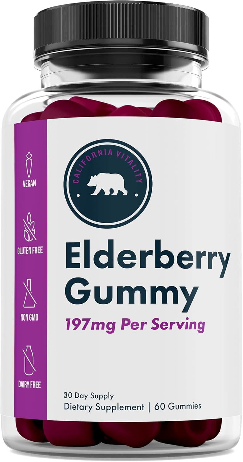 Vegan Elderberry Gummies with Vitamin C and Zinc - Made in USA, Non-GMO, Gluten-Free - 60 Gummies, 197mg Per Serving