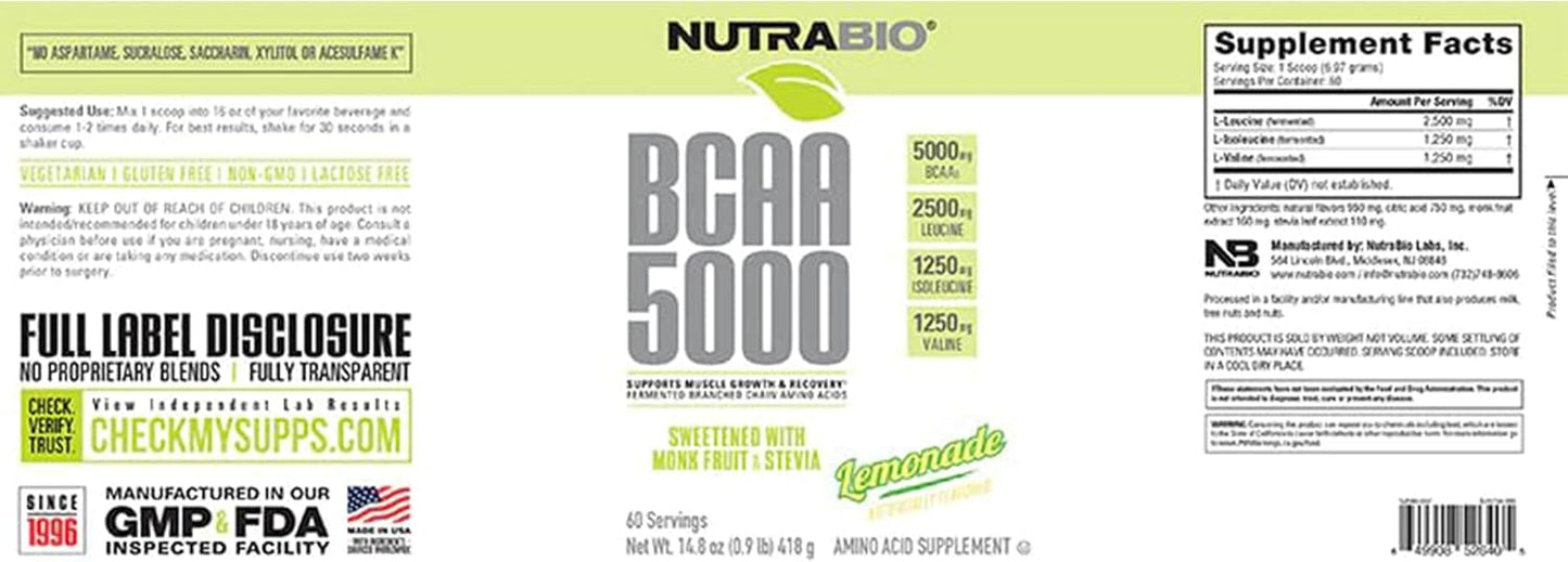 Vegan Fermented BCAA 5000 Powder - Lemonade Flavor, Gluten-Free Muscle Recovery Supplement with Natural Ingredients - 60 Servings