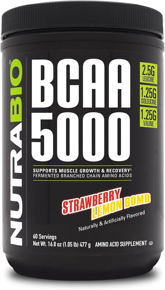 Vegan Fermented BCAA Powder for Lean Muscle Growth, Recovery, and Endurance - NutraBio BCAA 5000 - 60 Servings - Strawberry Lemon Flavor