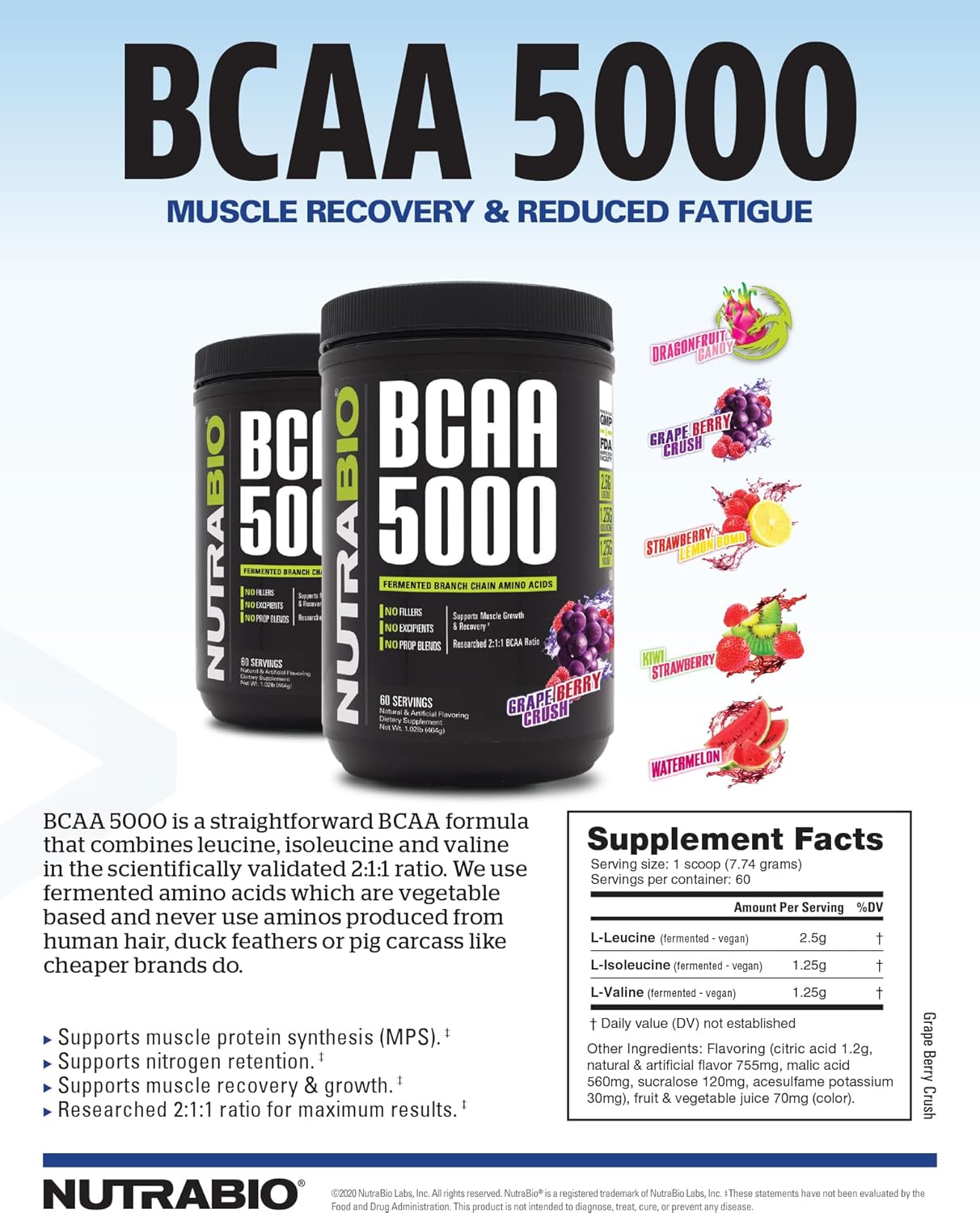 Vegan Fermented BCAA Powder for Lean Muscle Growth and Recovery - 60 Servings - Kiwi Strawberry Flavor