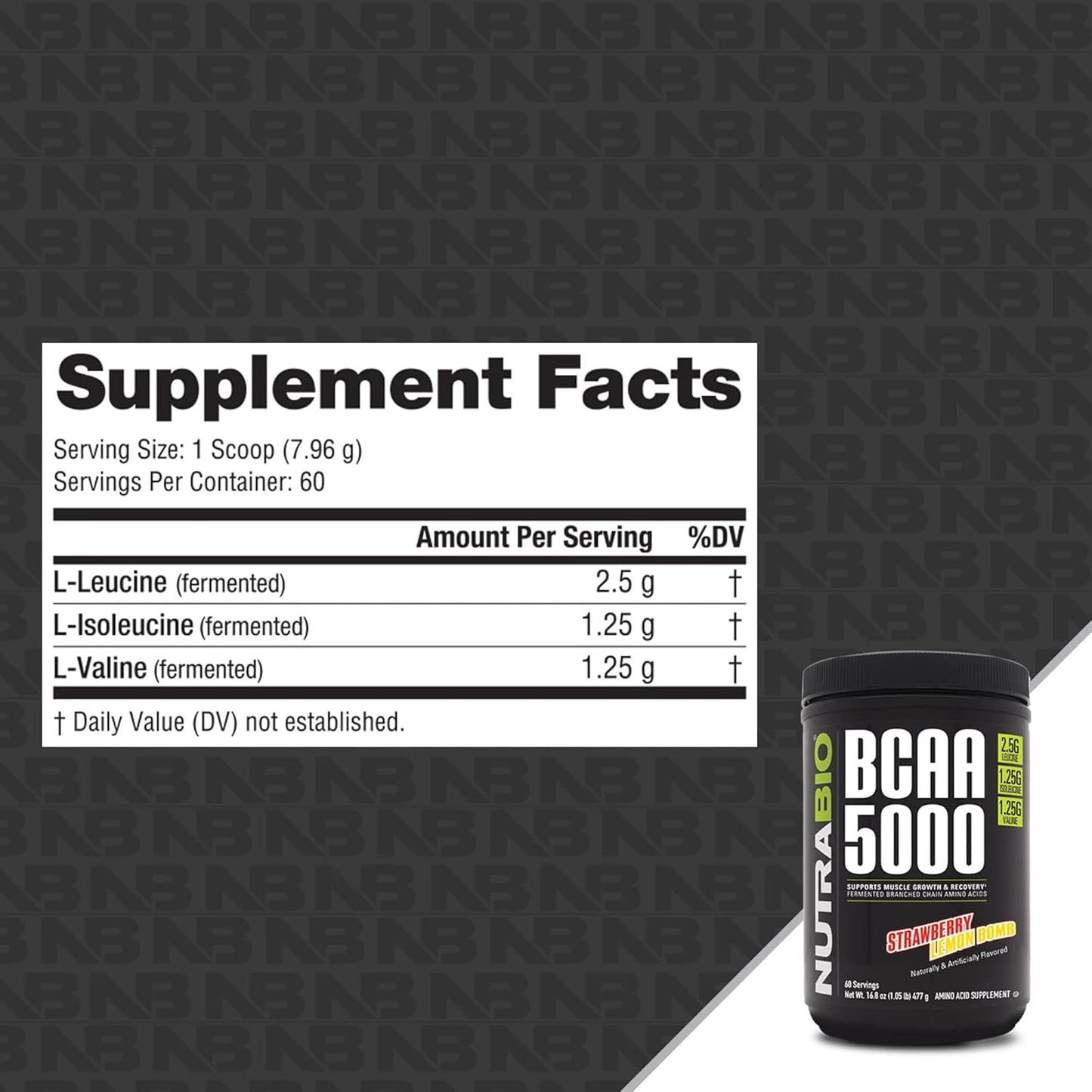 Vegan Fermented BCAA Powder for Lean Muscle Growth, Recovery, and Endurance - NutraBio BCAA 5000 - 60 Servings - Strawberry Lemon Flavor