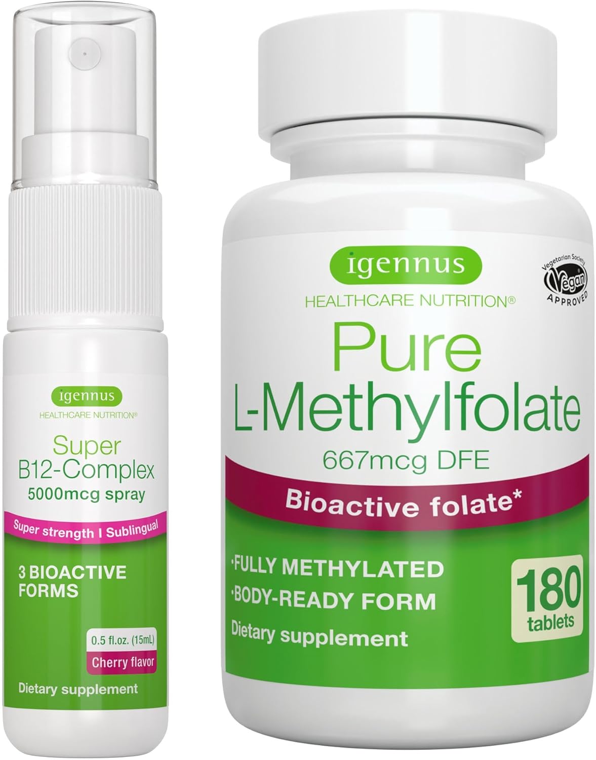 Vegan Folate & B12 Bundle: 400mcg Methylfolate + 5000mcg B12 Cherry Spray by Igennus