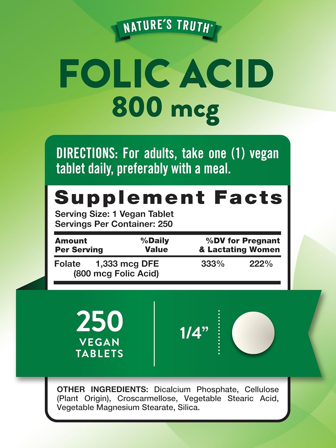 Vegan Folic Acid Supplement 800 mcg - 250 Tablets, Non-GMO & Gluten Free Formula by Nature's Truth