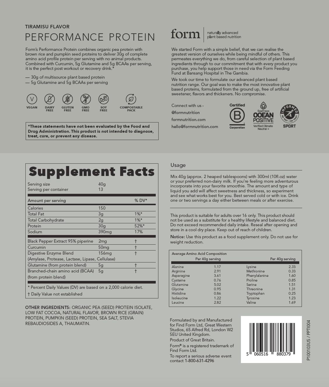 Vegan Form Performance Protein Powder - 30g Plant Based Protein, BCAAs, Digestive Enzymes - Tiramisu Flavor - Ideal for Post Workout Recovery - BoostGo Australia